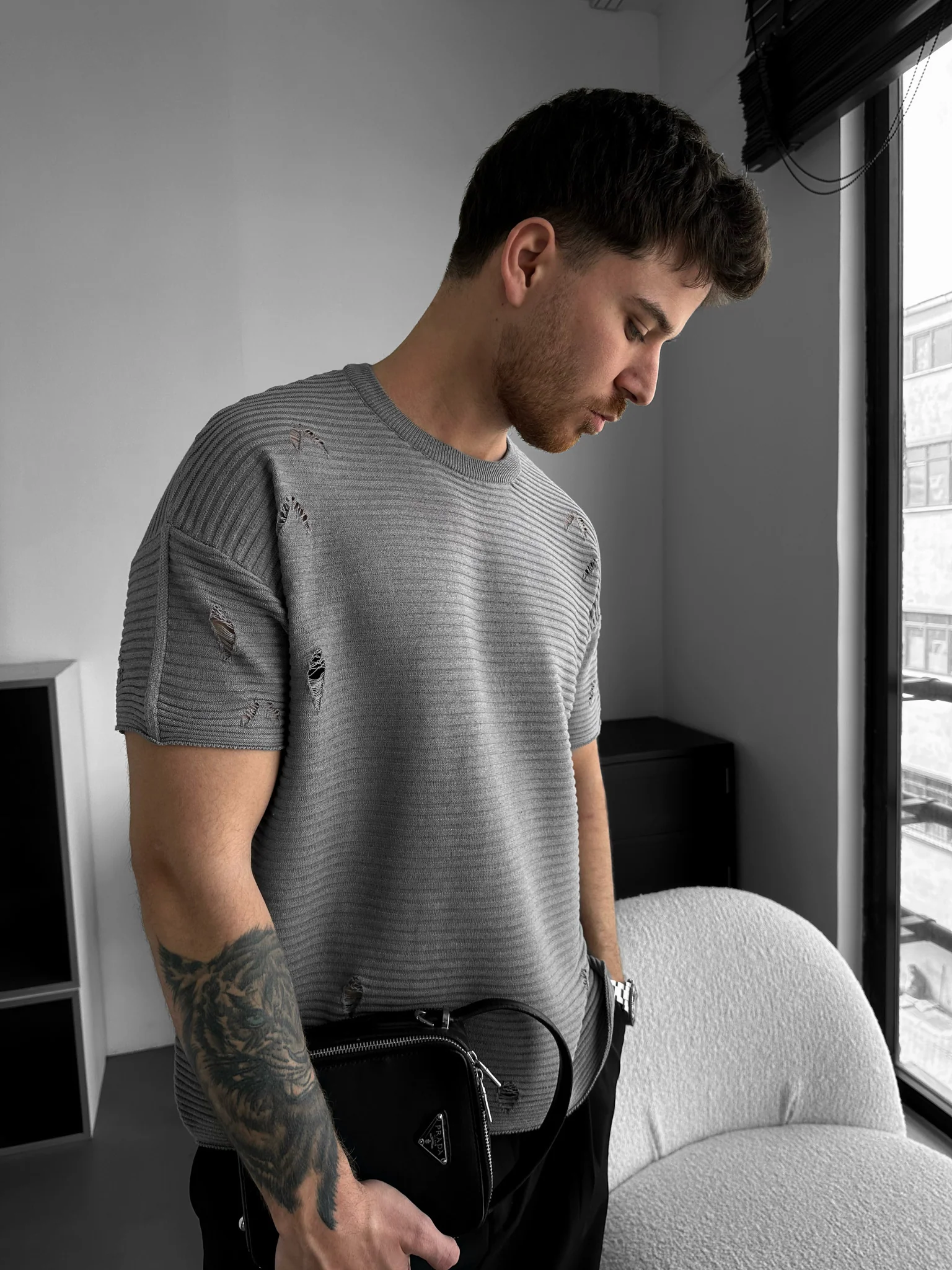 Loose Fit Torn Ribbed Knit T-Shirt - Grey Melange - Image 2