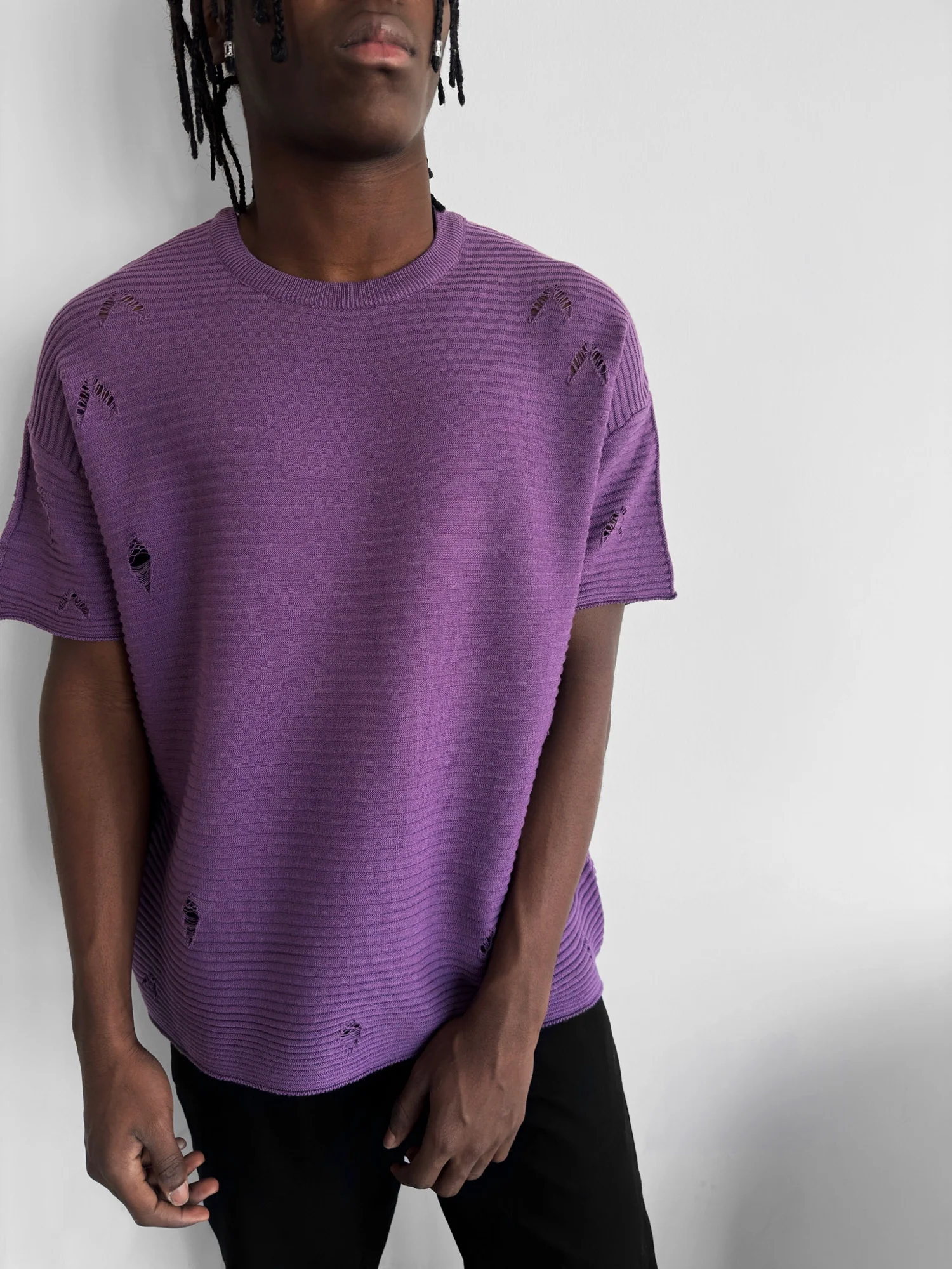 Loose Fit Torn Ribbed Knit T-Shirt - Purple - Image 2