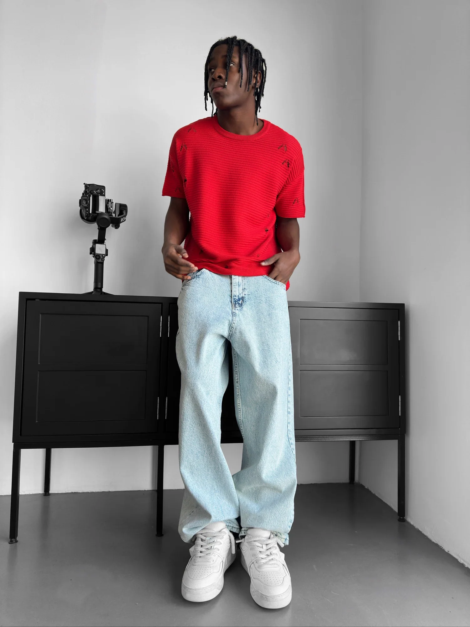 Loose Fit Torn Ribbed Knit T-Shirt - Red - Image 3