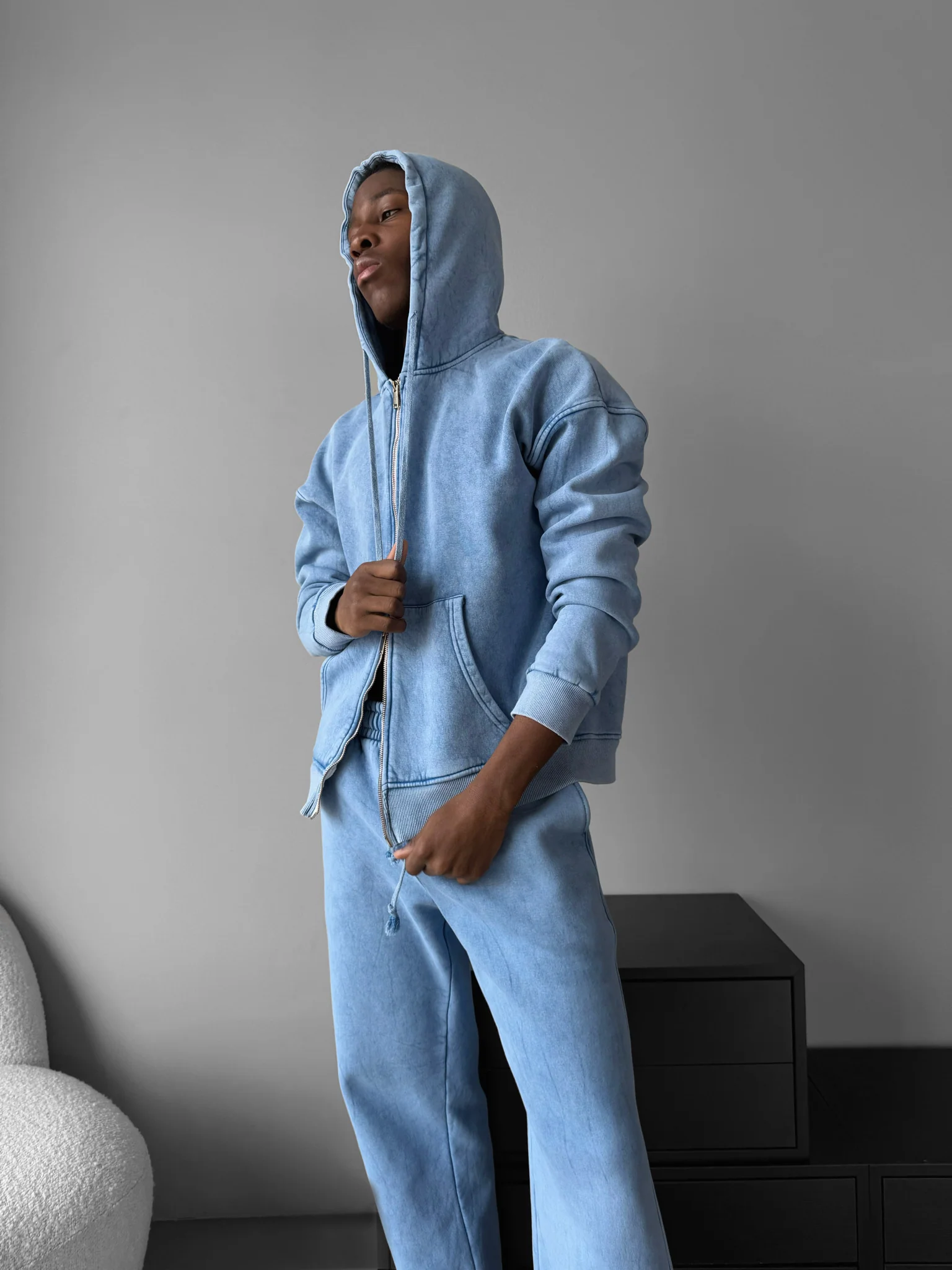 Loose Fit Washed Zipper Trousers - Babyblue - Image 2