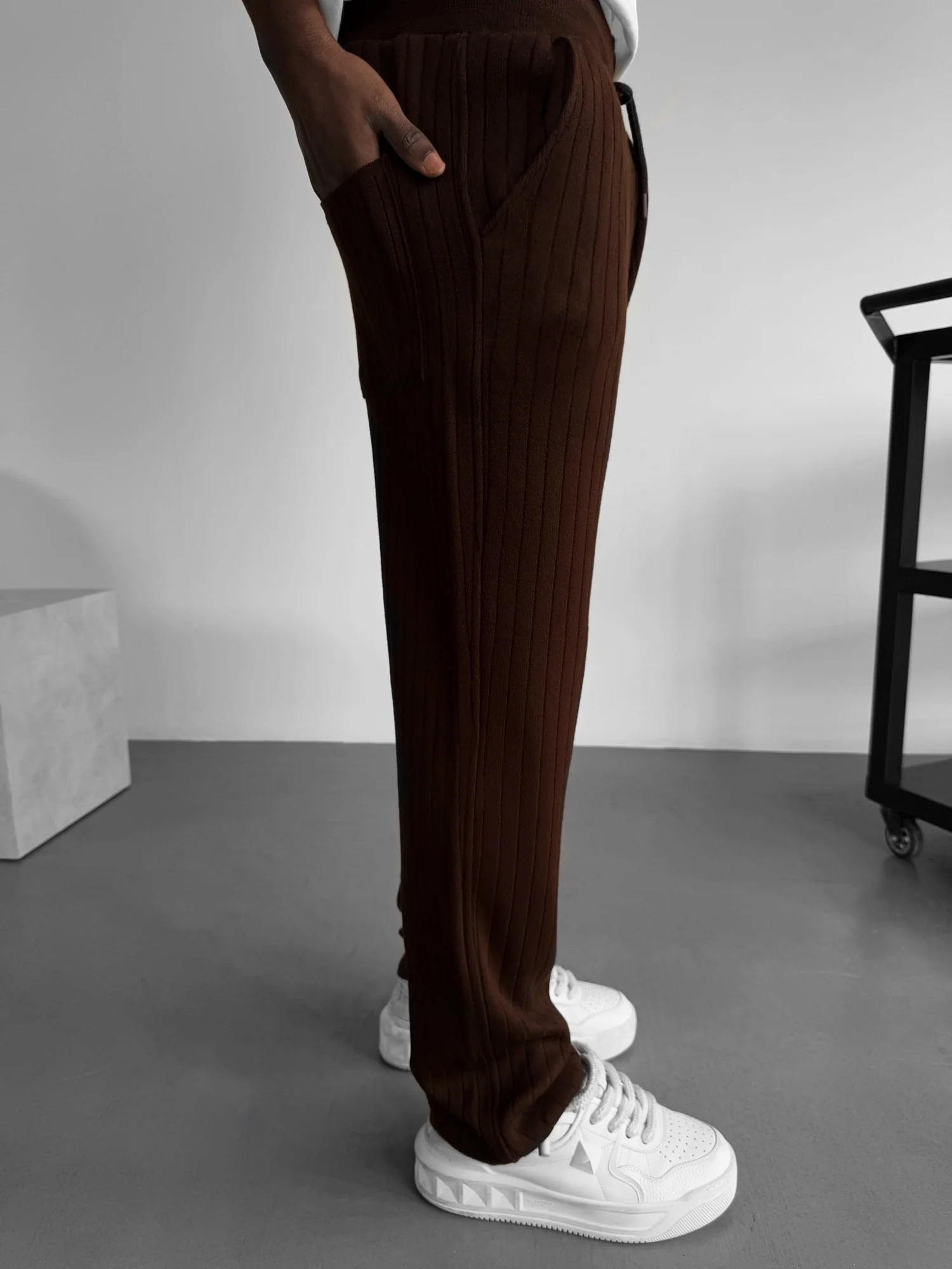 Loose Fit Wide Ribbed Knit Pants - Dark Brown - Image 2