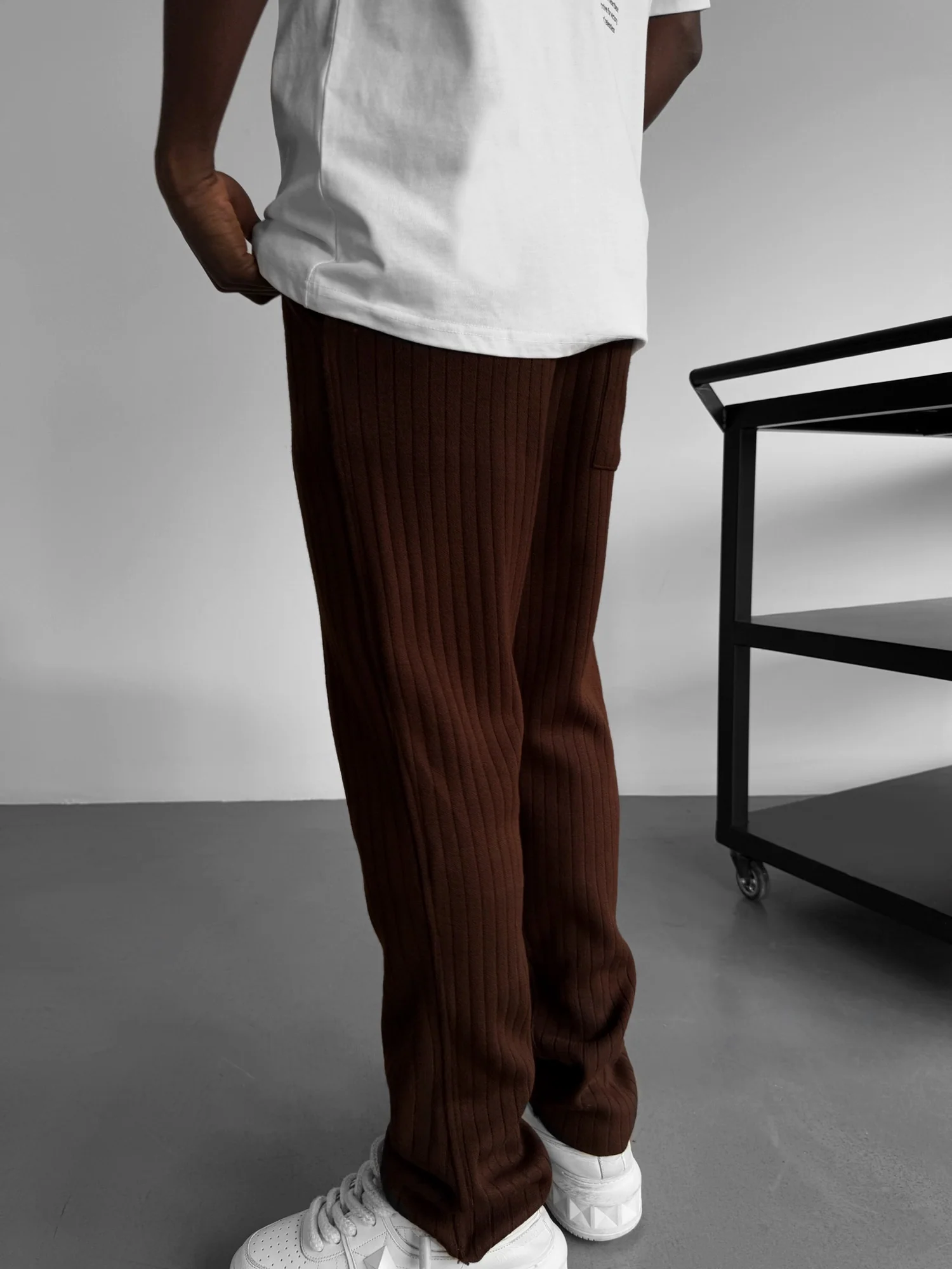 Loose Fit Wide Ribbed Knit Pants - Dark Brown - Image 4