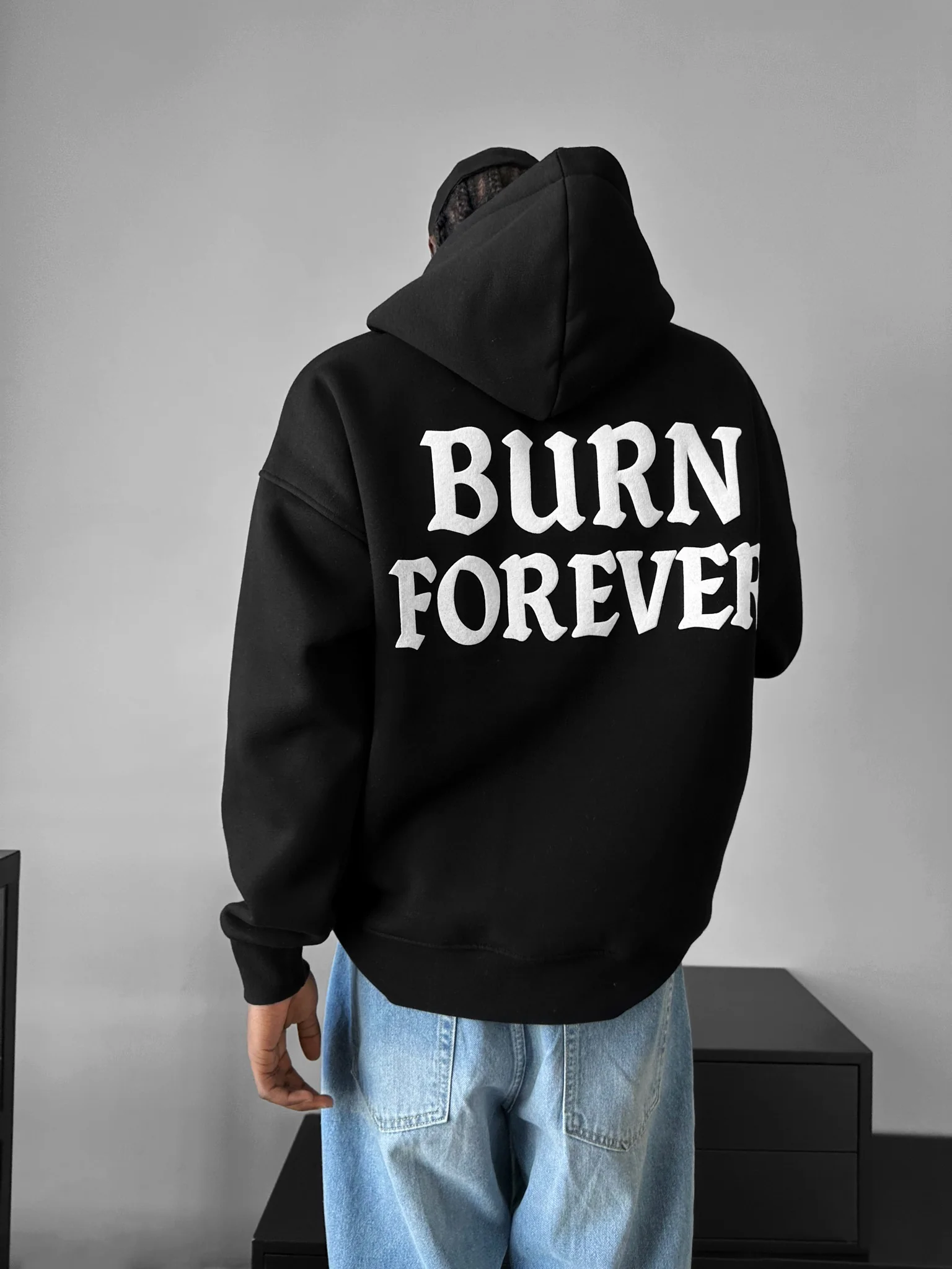 Oversize “Burn Forever” Hoodie - Black - Image 3