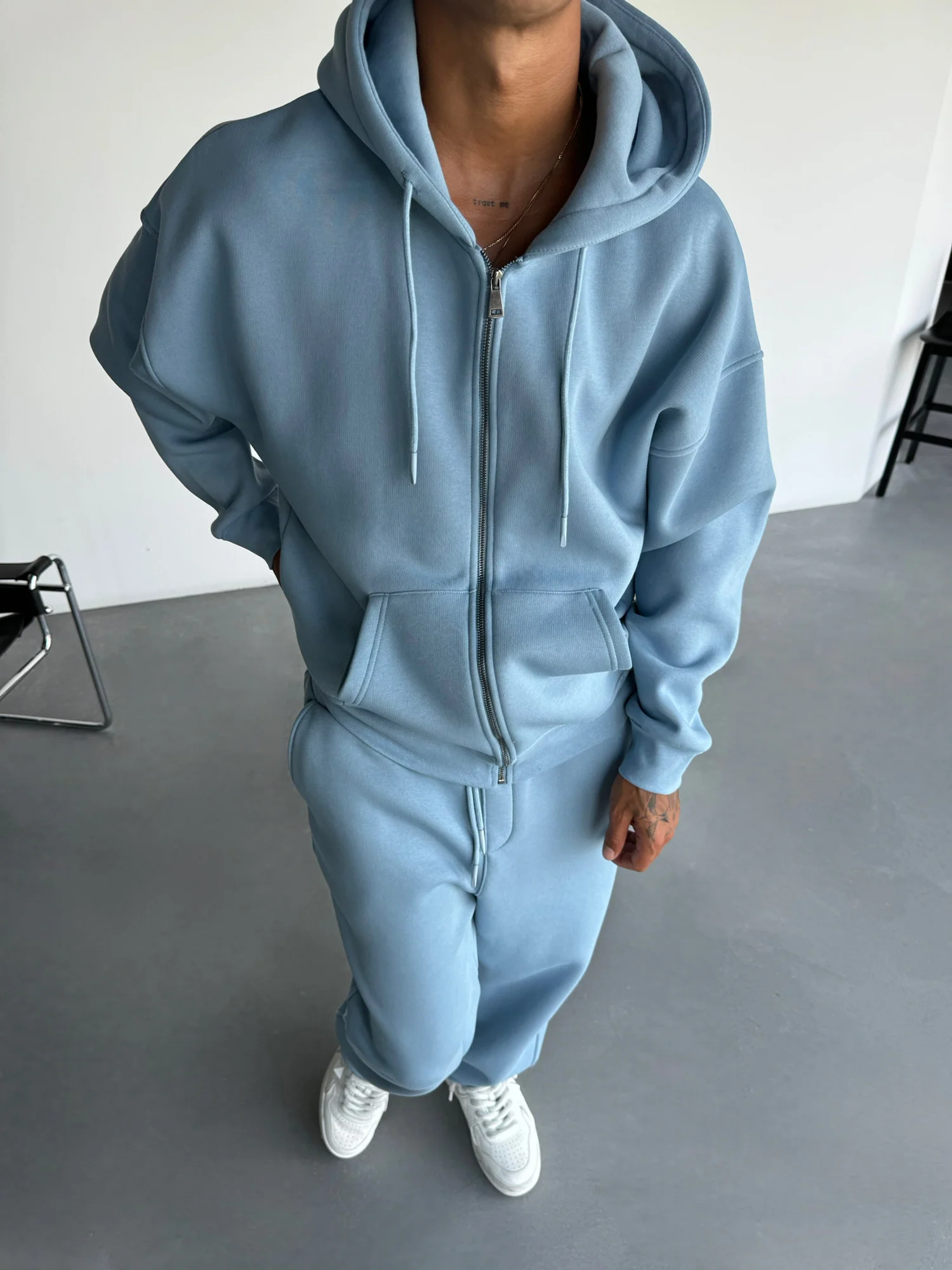 Oversize Basic Zipper Hoodie - Faded Denim - Image 3