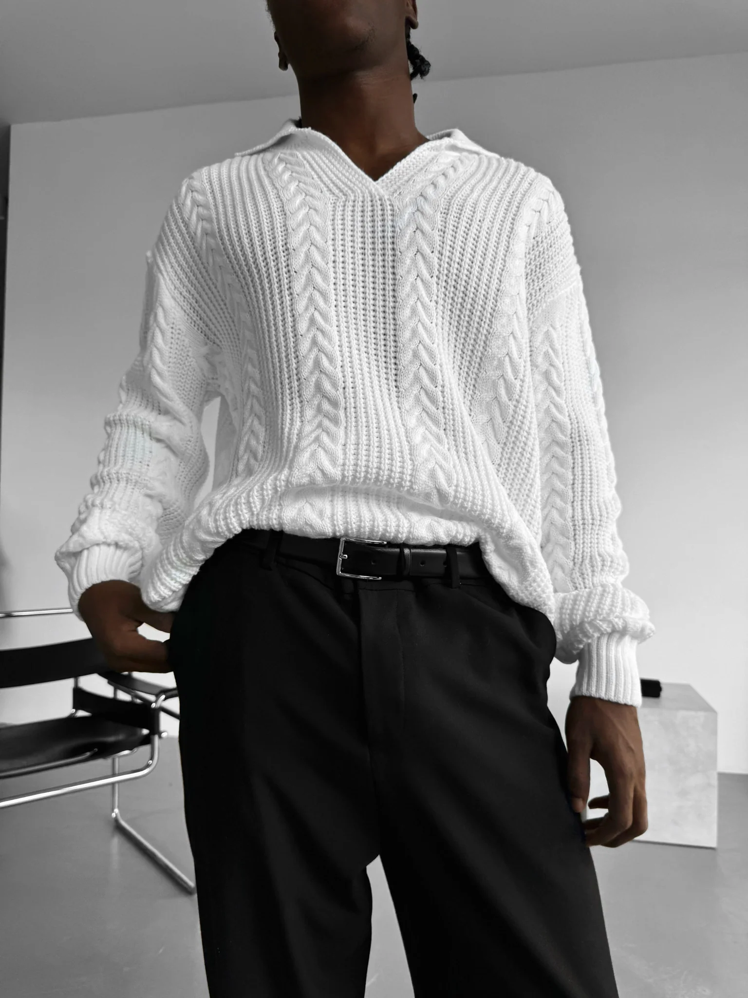 Oversize Braided Structure Polo Sweater - Bright White - Image 3