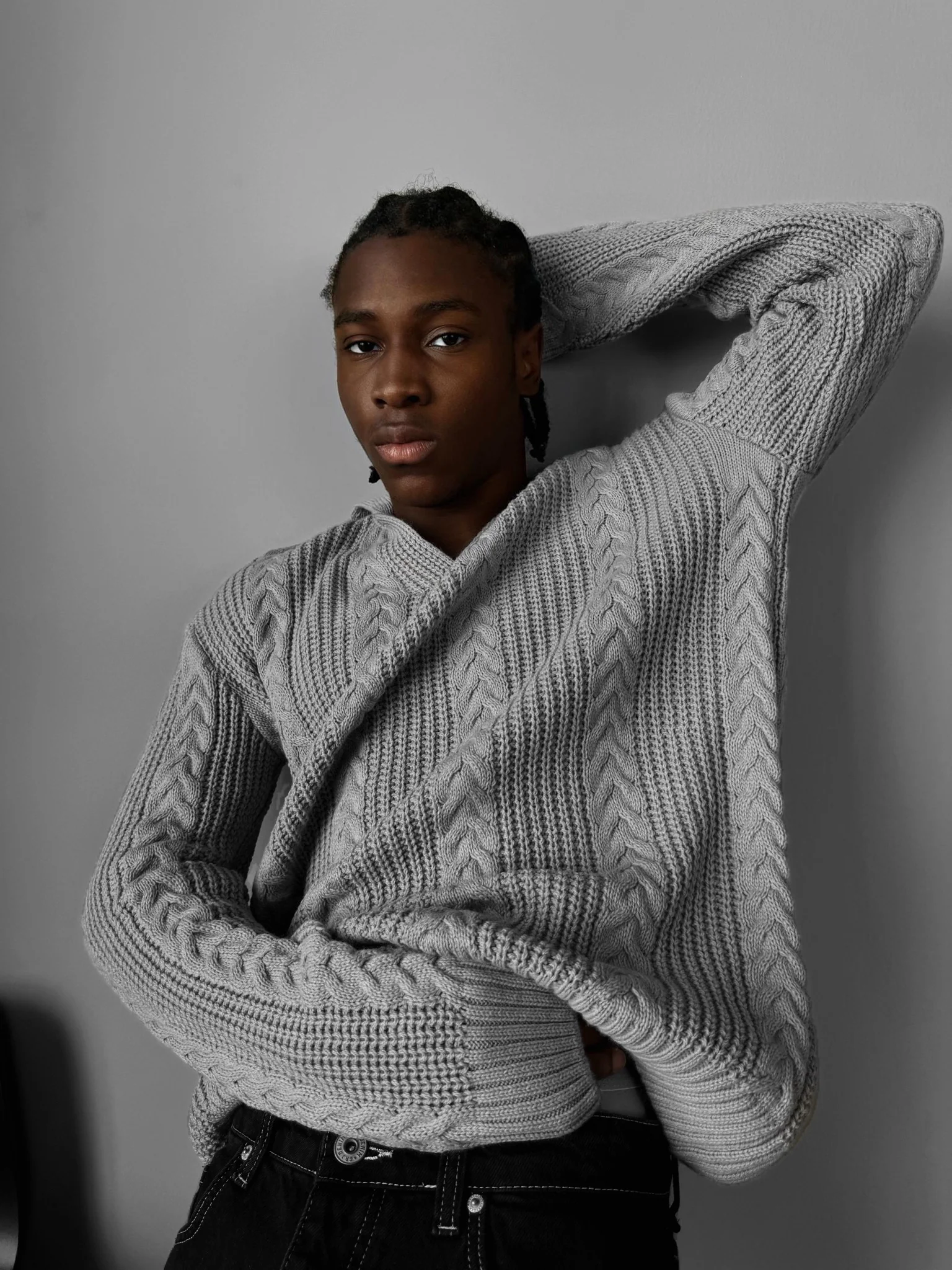 Oversize Braided Structure Polo Sweater - Grey - Image 2