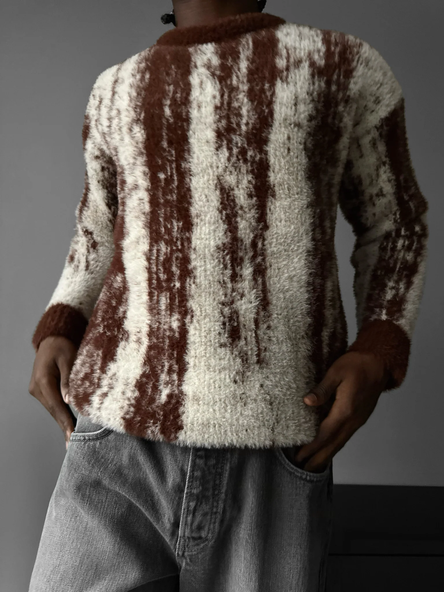 Oversize Brushstroke Effect Knit Pullover - Chocolate