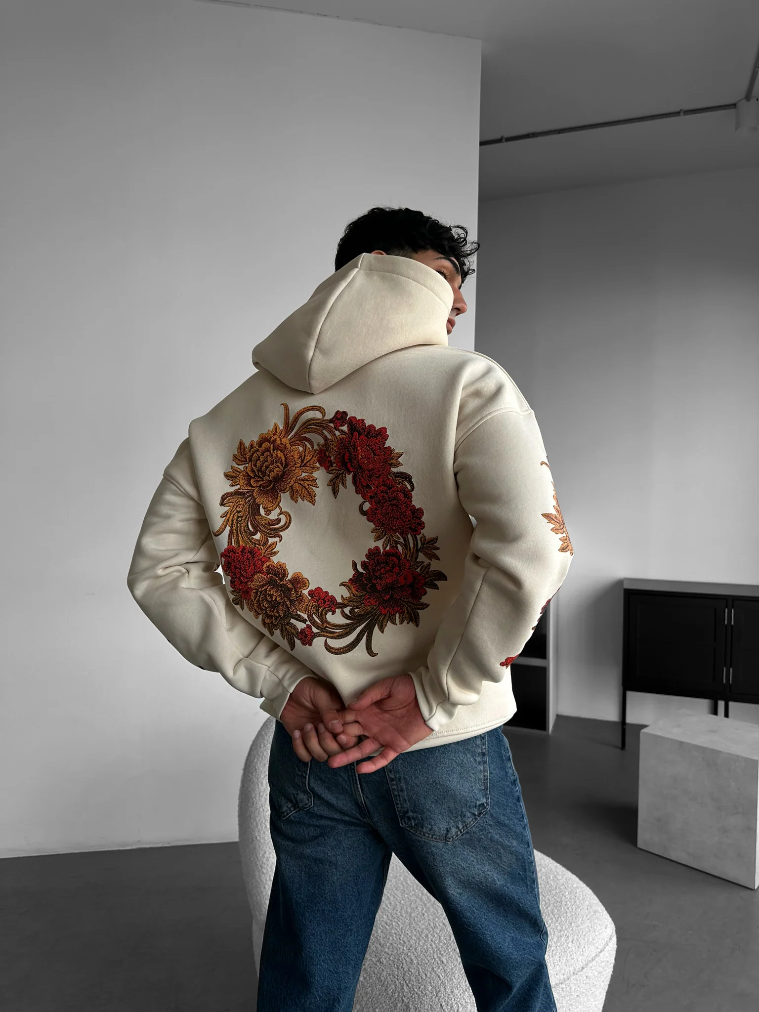Oversize Chrysanthemum Hoodie - Beige - Image 2