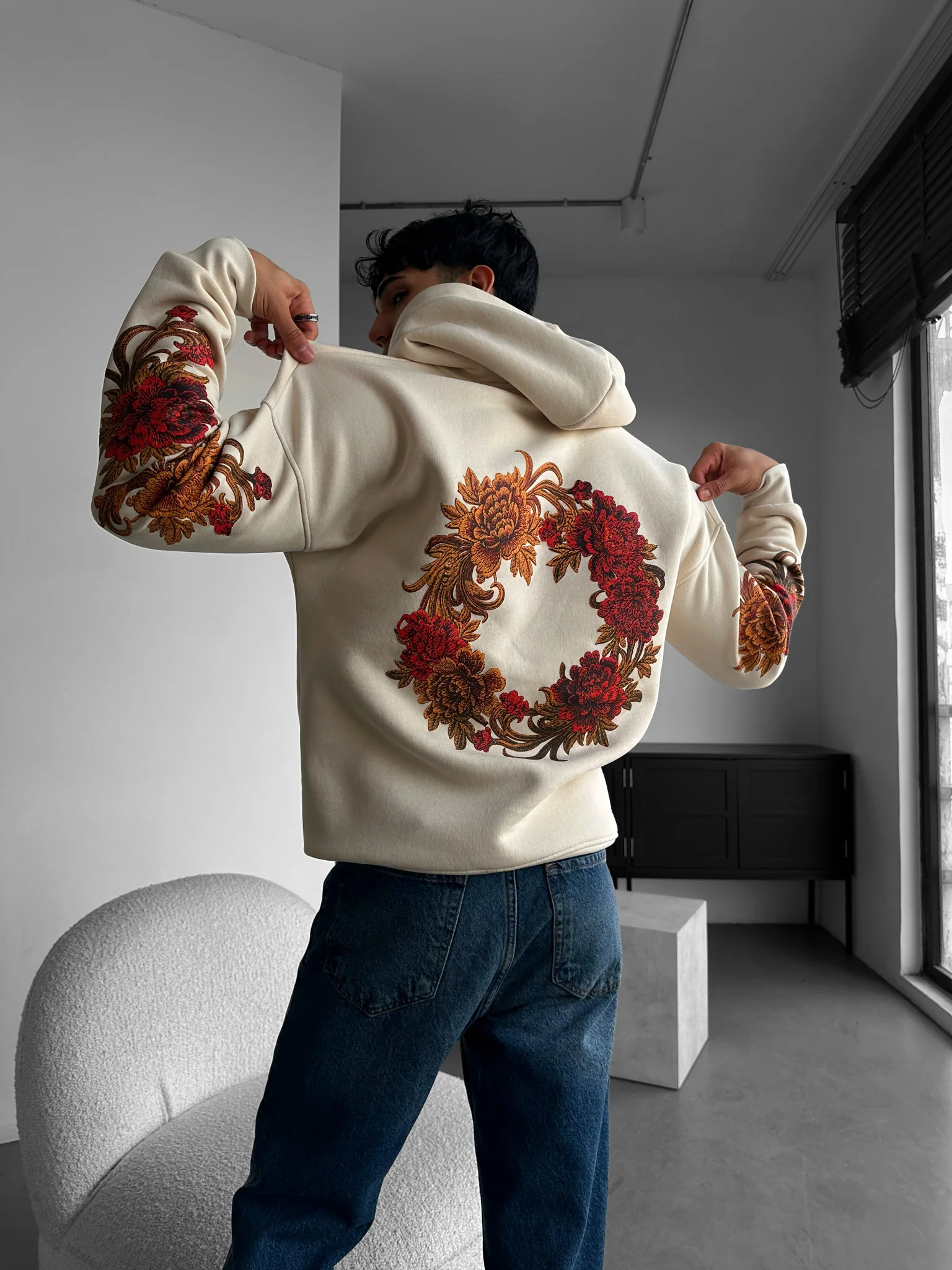 Oversize Chrysanthemum Hoodie - Beige - Image 3