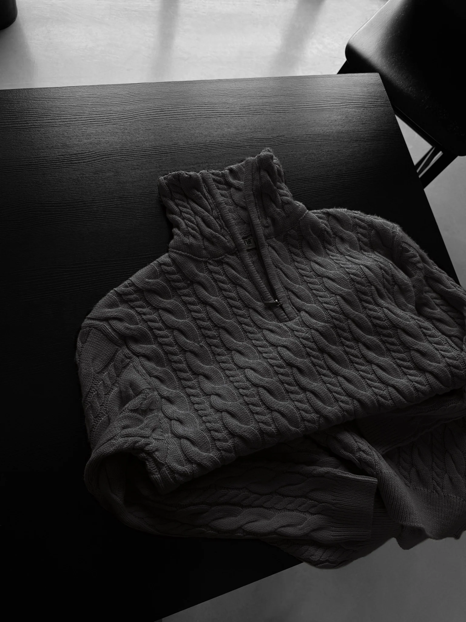Oversize Collar Braid Zipper Pullover - Anthracite