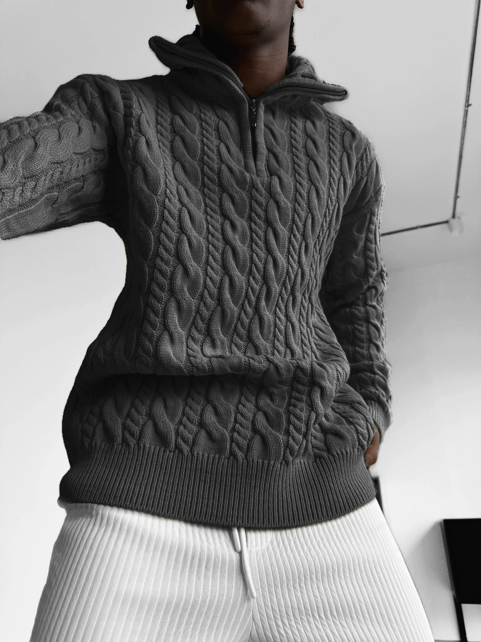 Oversize Collar Braid Zipper Pullover - Anthracite - Image 2
