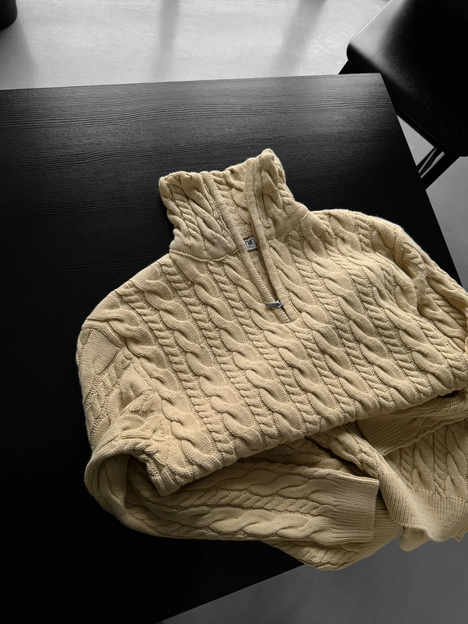 Oversize Collar Braid Zipper Pullover - Beige