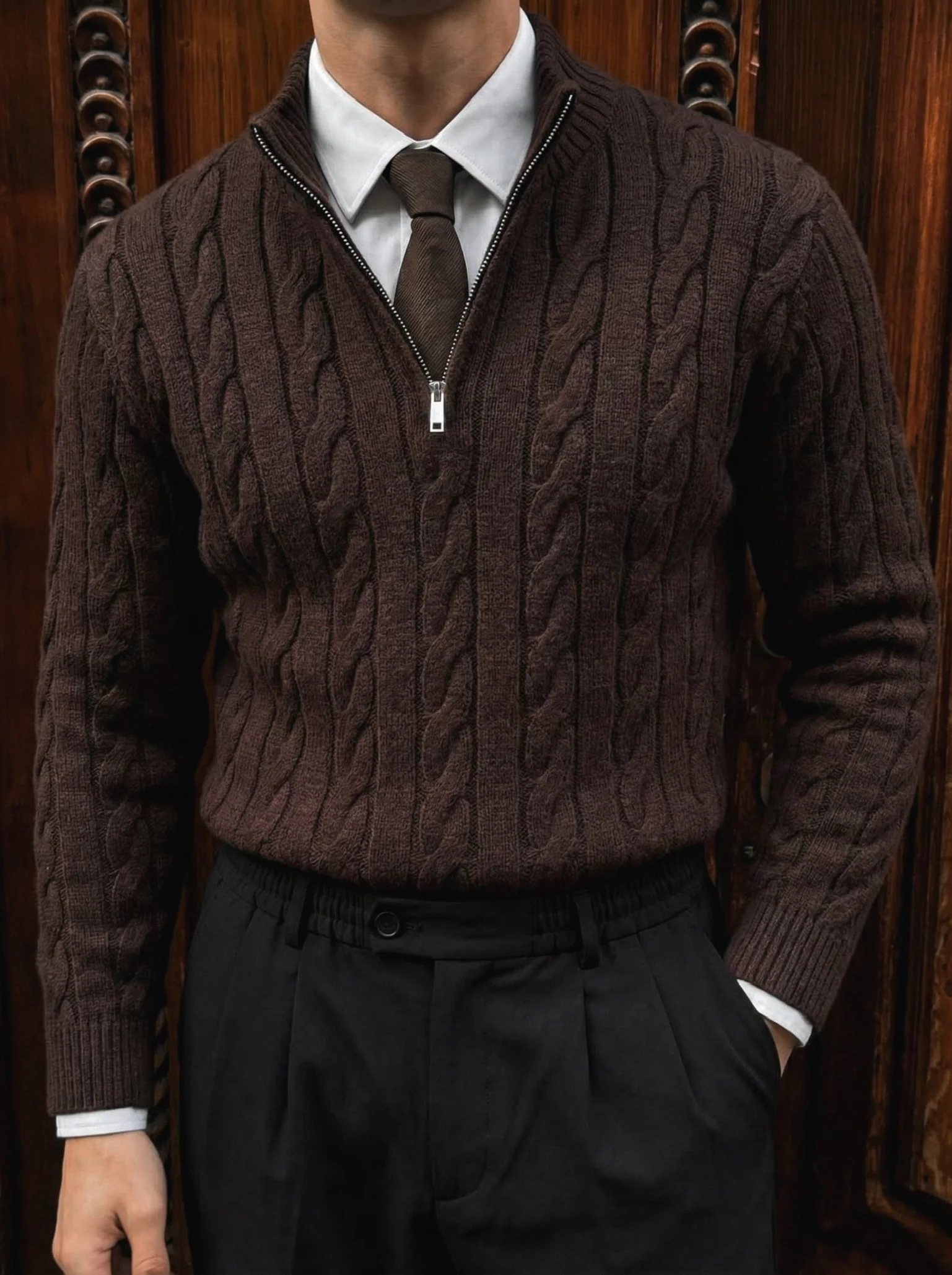 Oversize Collar Braid Zipper Pullover - Dark Brown