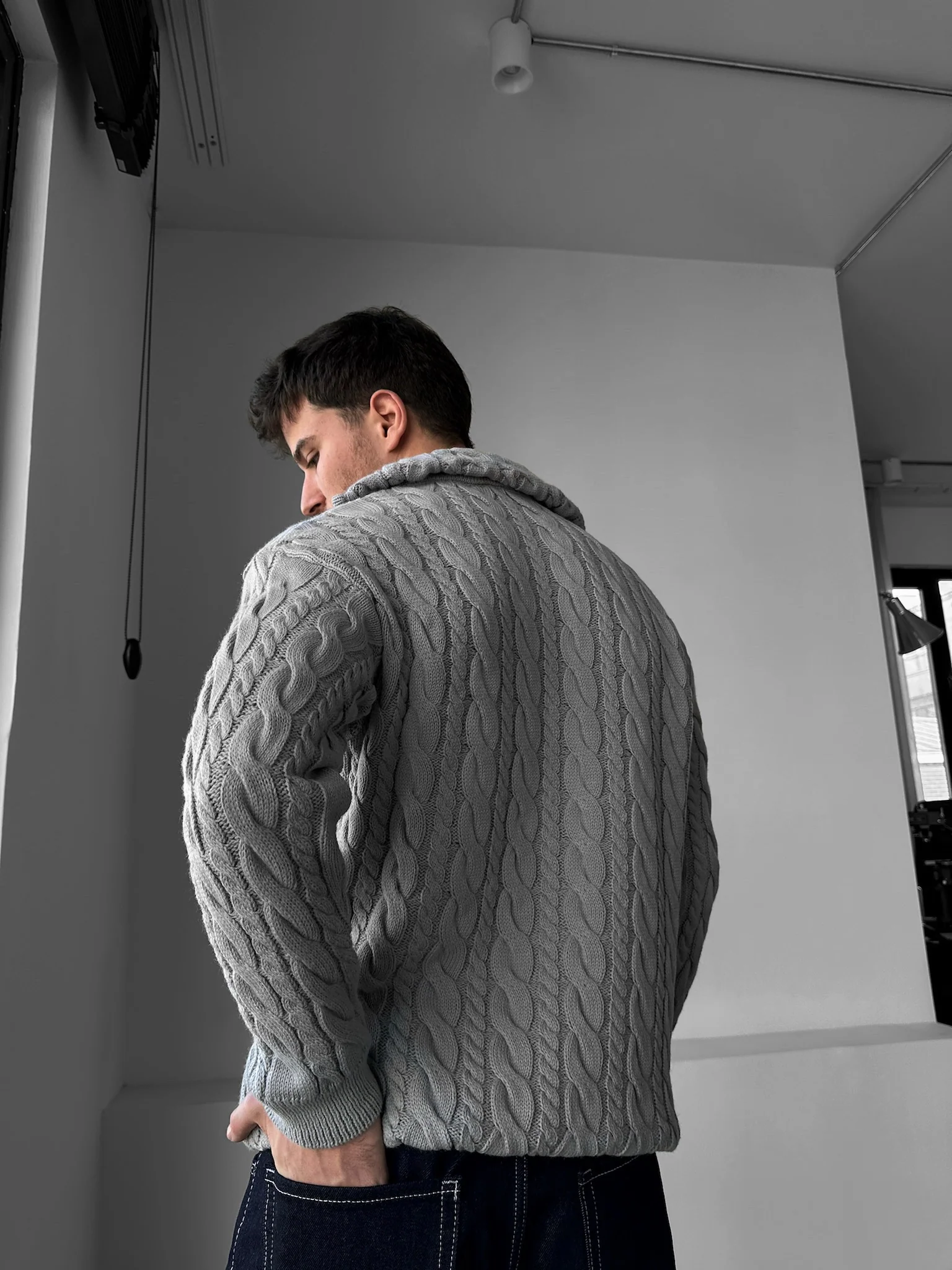 Oversize Collar Braid Zipper Pullover - Grey - Image 3