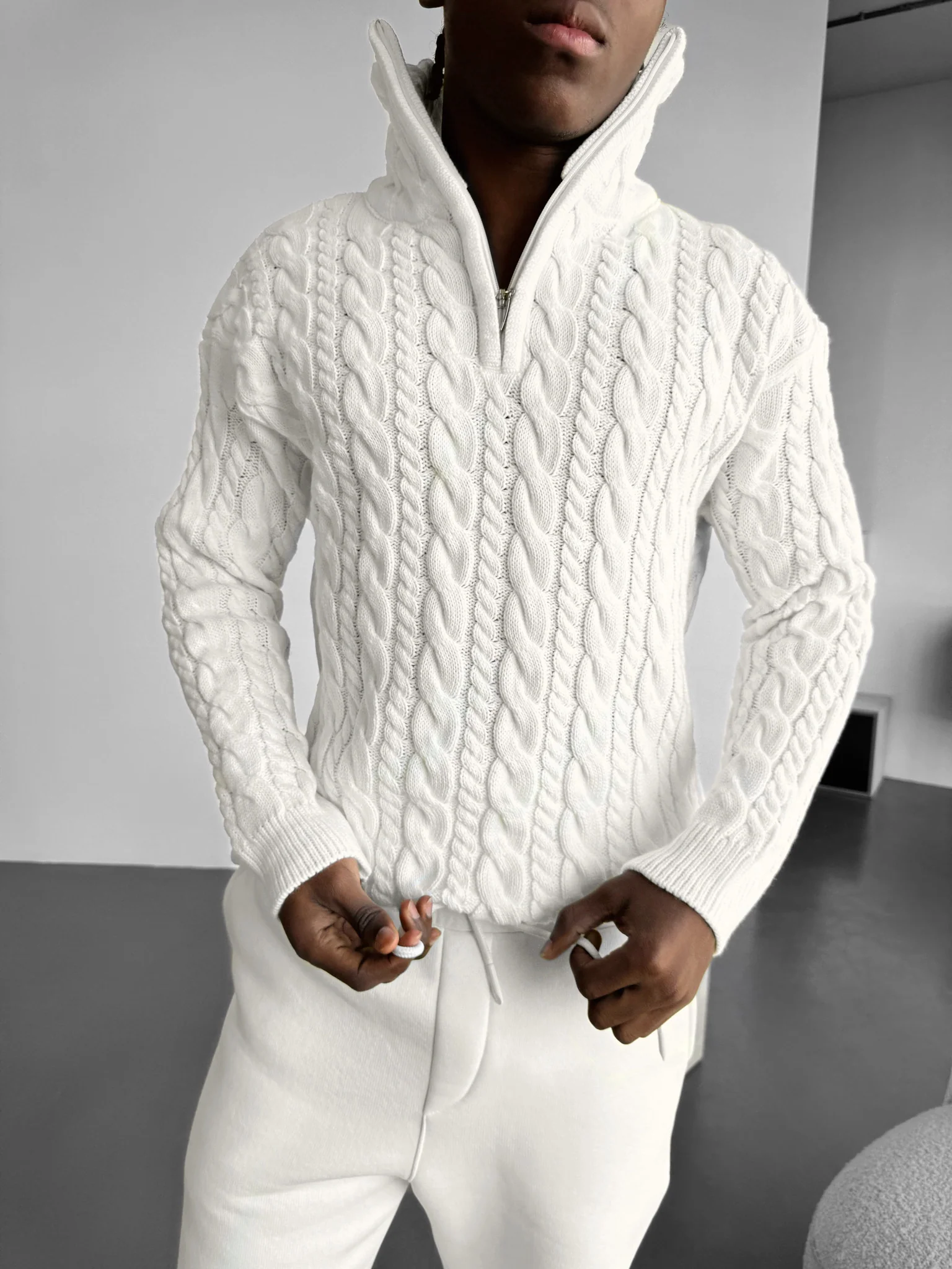 Oversize Collar Braid Zipper Pullover - White - Image 3