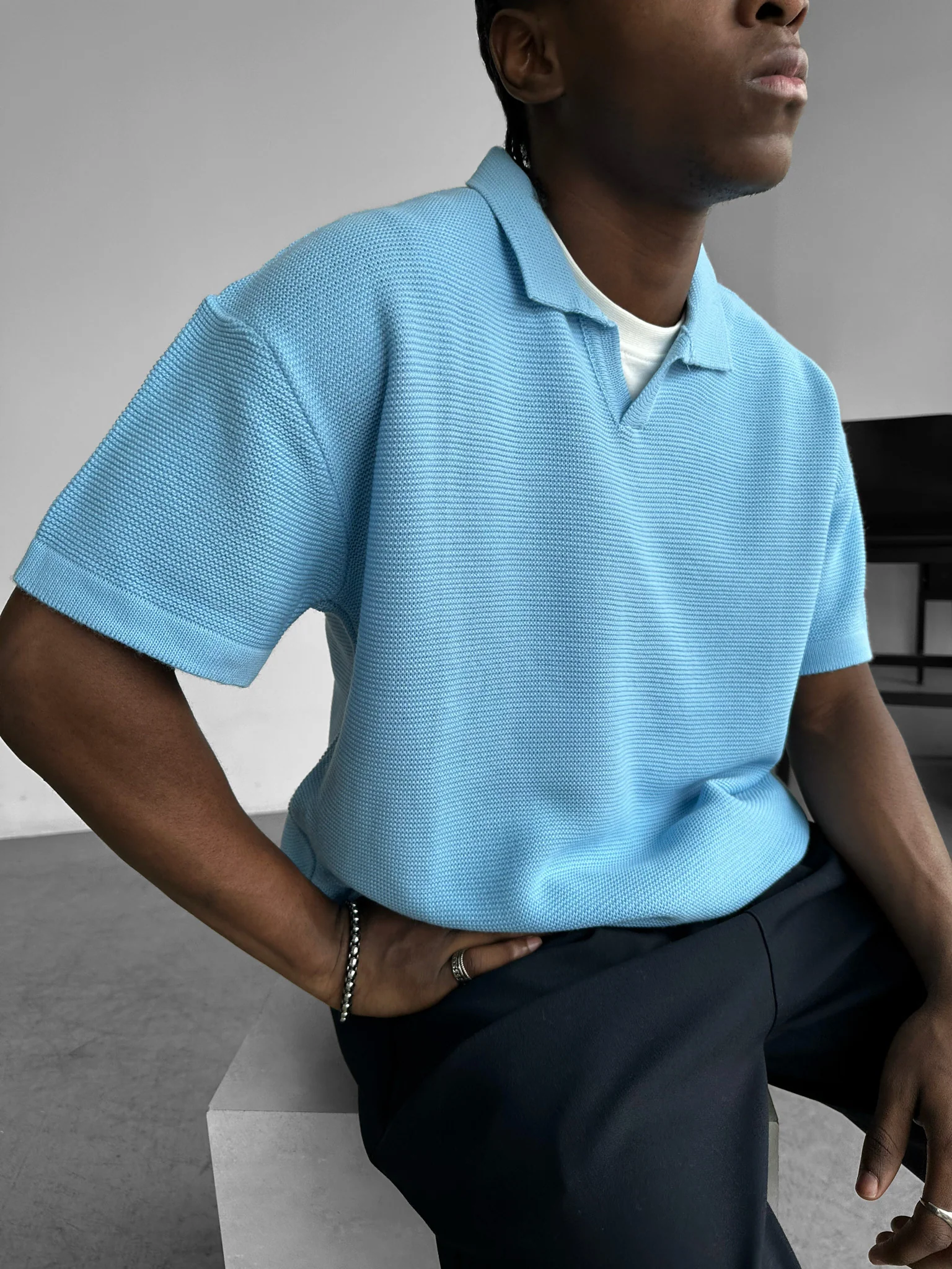 Oversize Collar Ribbed Knit T-Shirt - Babyblue