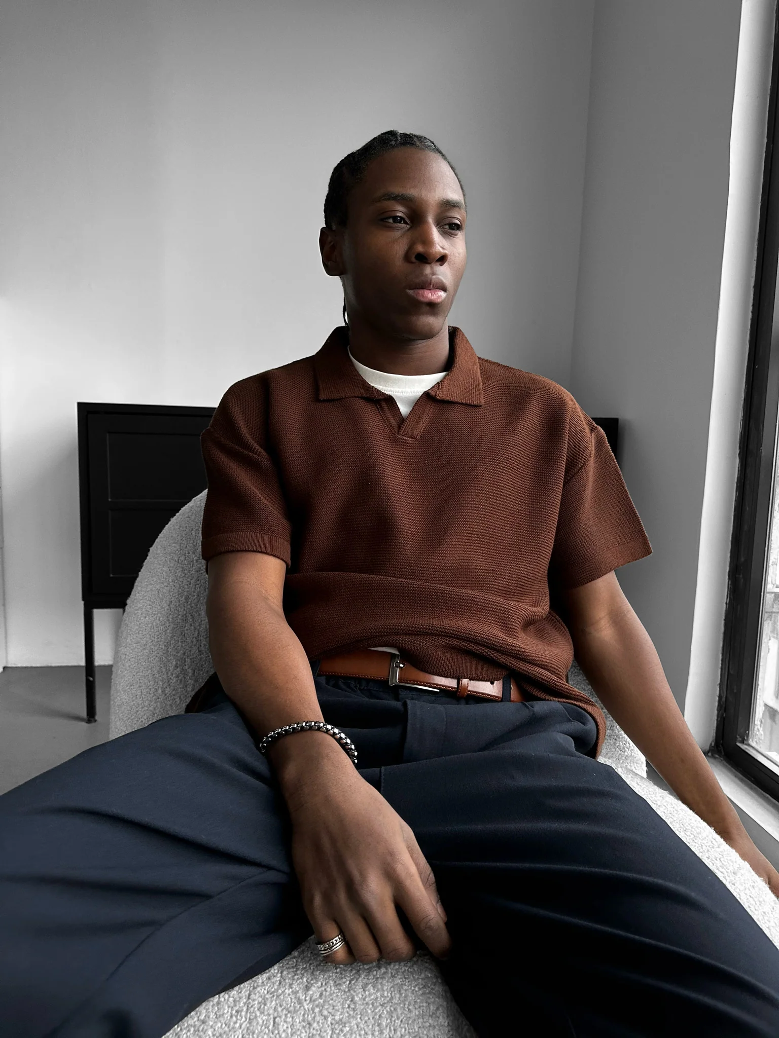 Oversize Collar Ribbed Knit T-Shirt - Dark Brown - Image 3