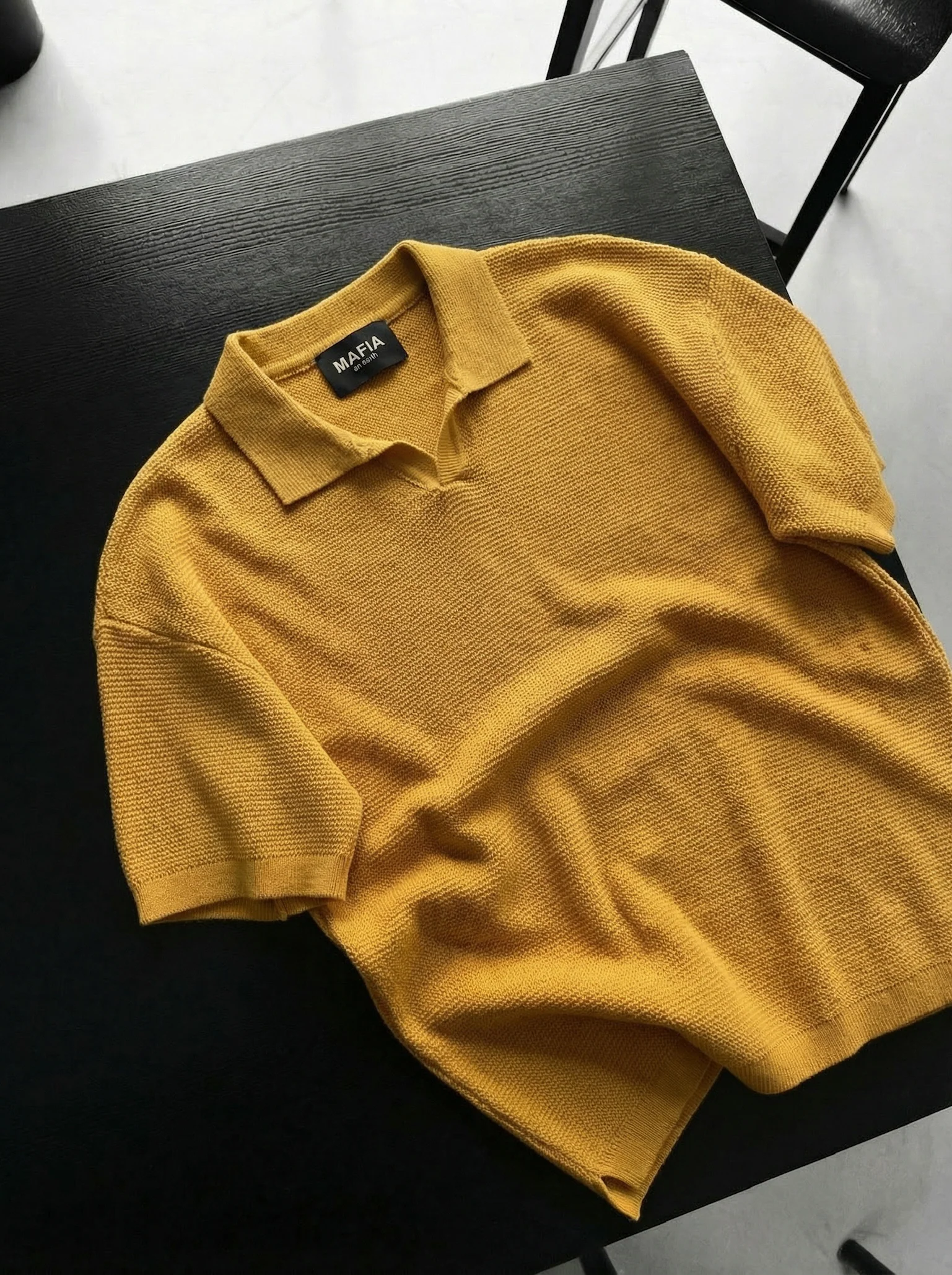 Oversize Collar Ribbed Knit T-Shirt - Saffron - Image 2