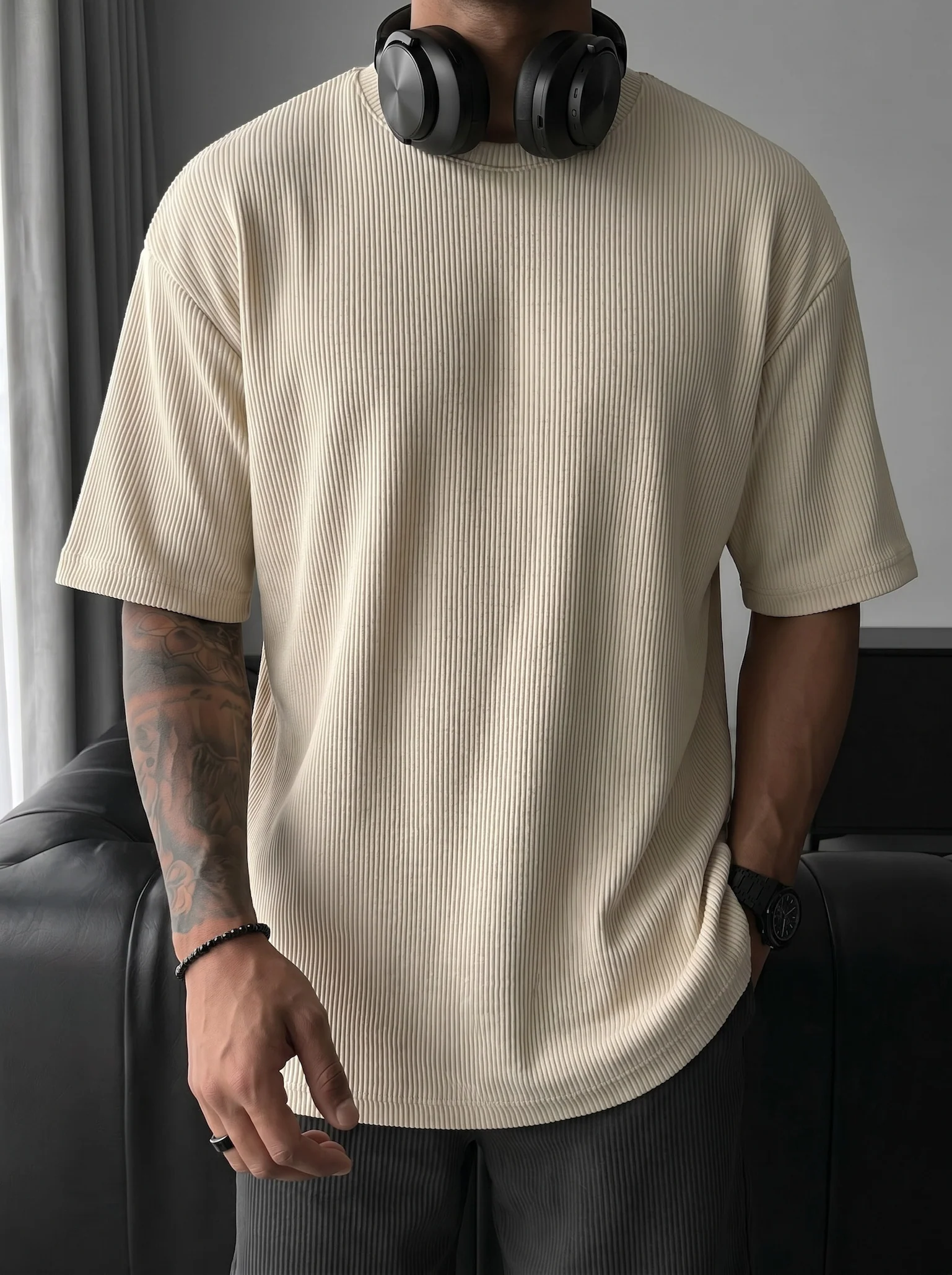 Oversize Cord Tee - Beige - Image 4