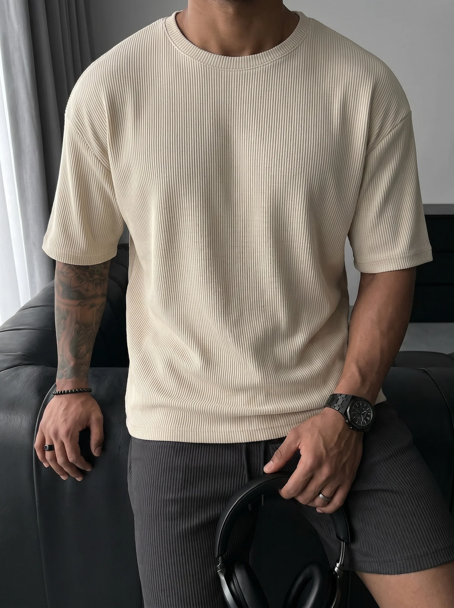 Oversize Cord Tee - Beige - Image 6