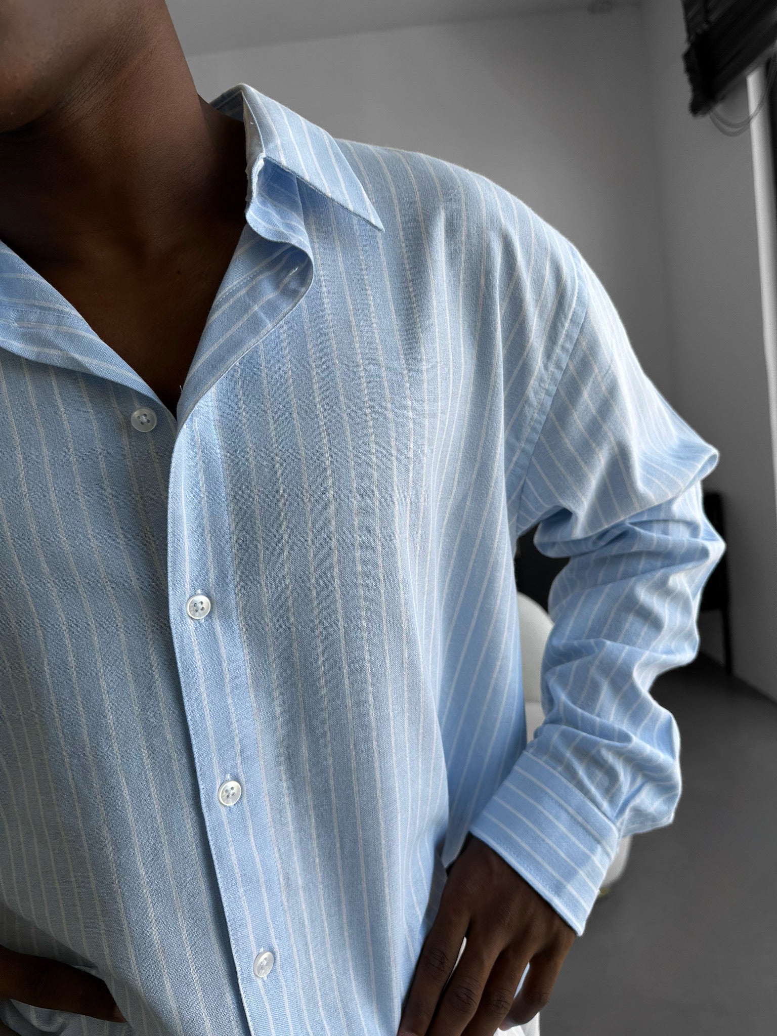 Oversize Cotton Thin Striped Shirt - Babyblue - Image 2