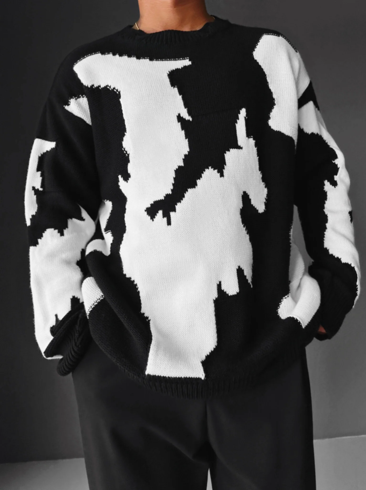 Oversize Cow Knit Sweater - Black - Image 4
