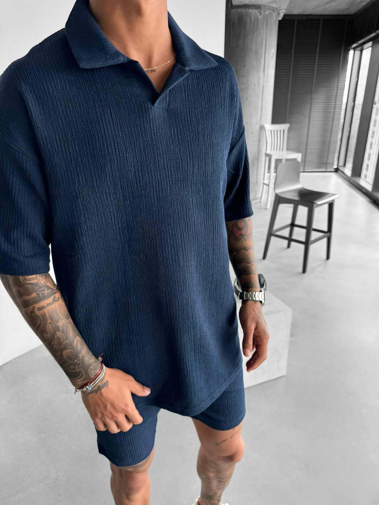 Oversize Crepe Polo T-Shirt - Indigo - Image 3