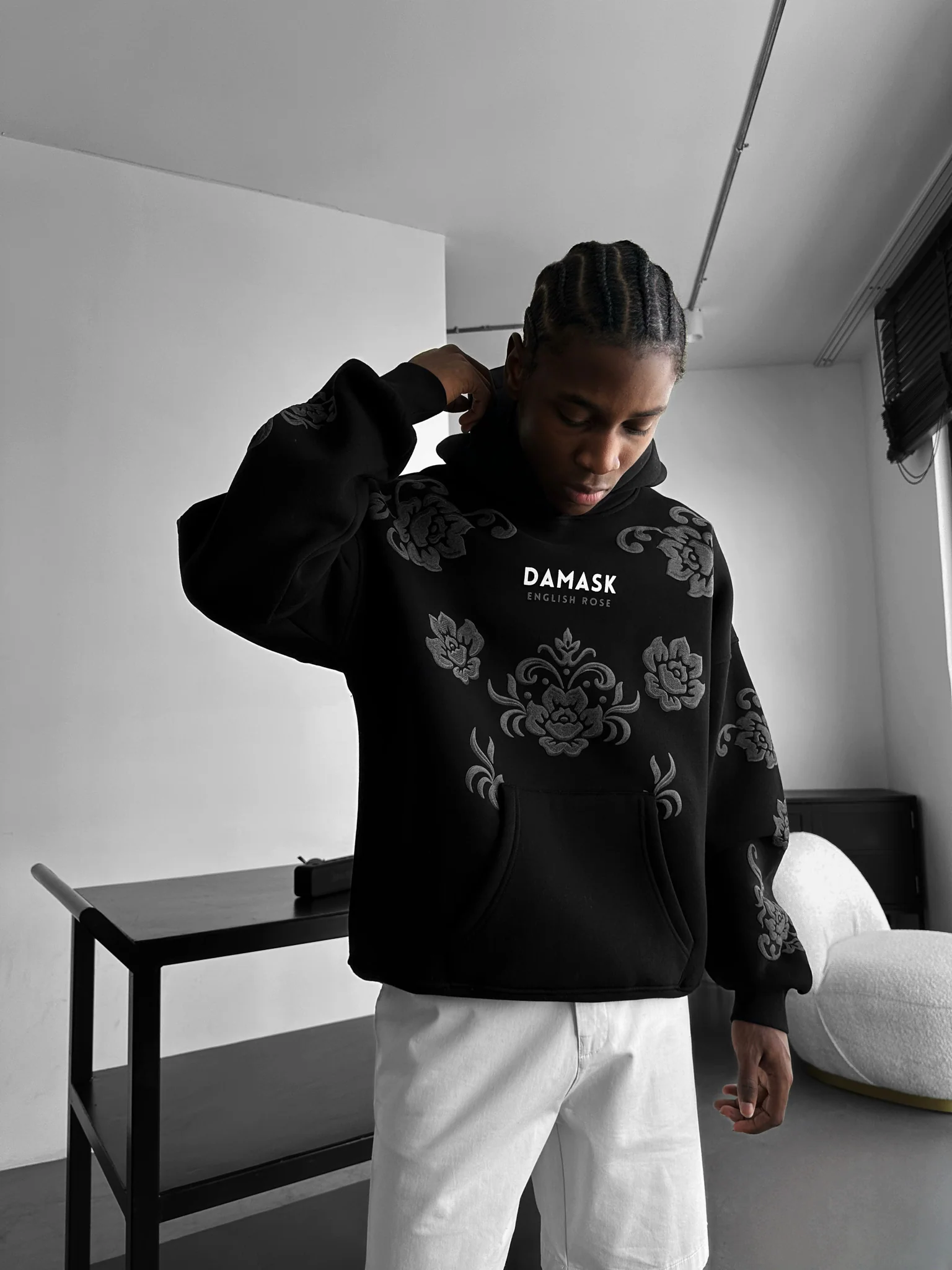 Oversize Damask Hoodie - Black - Image 5