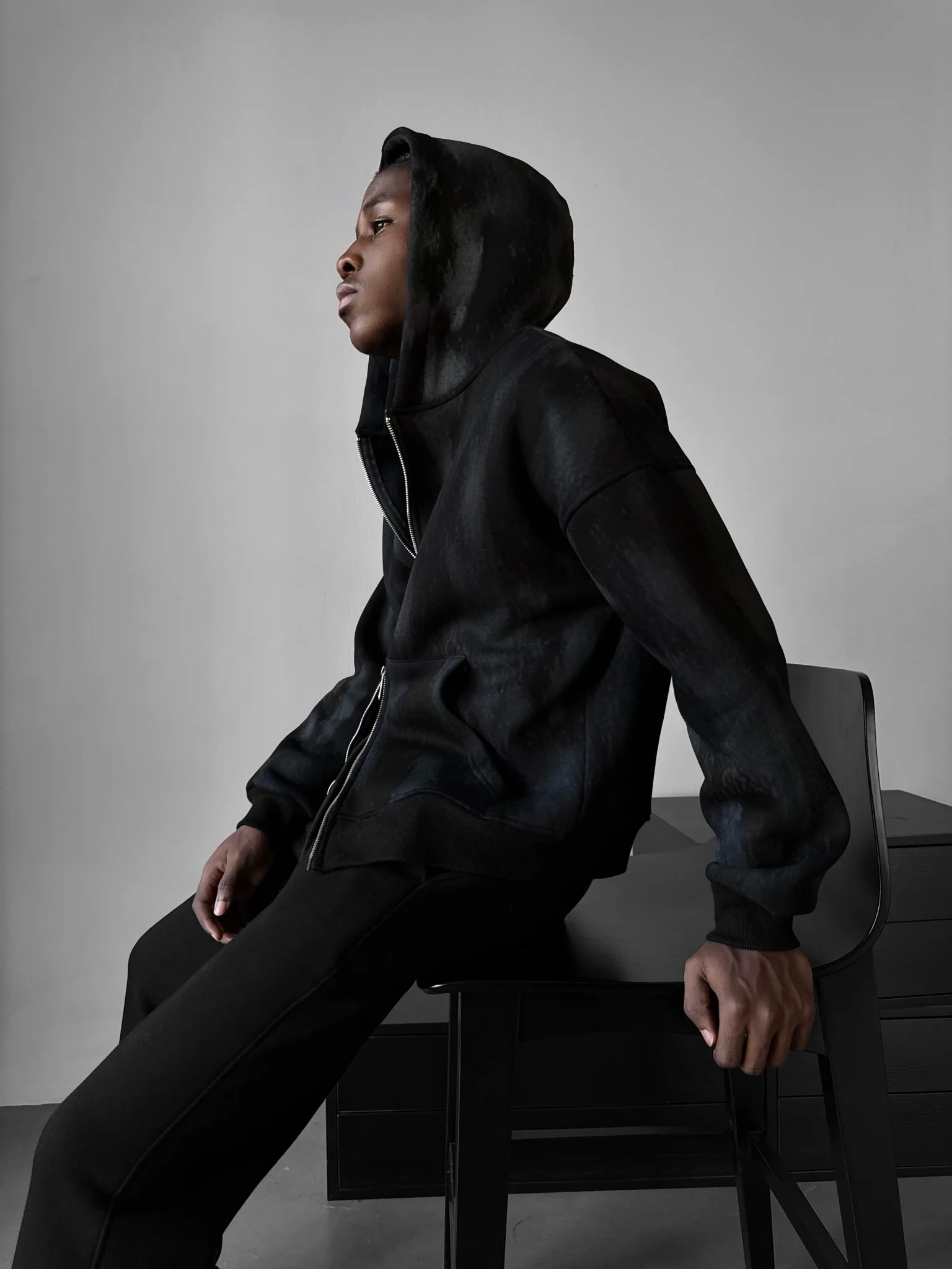 Oversize Effect Washed out Zipper Hoodie - Black - Image 3