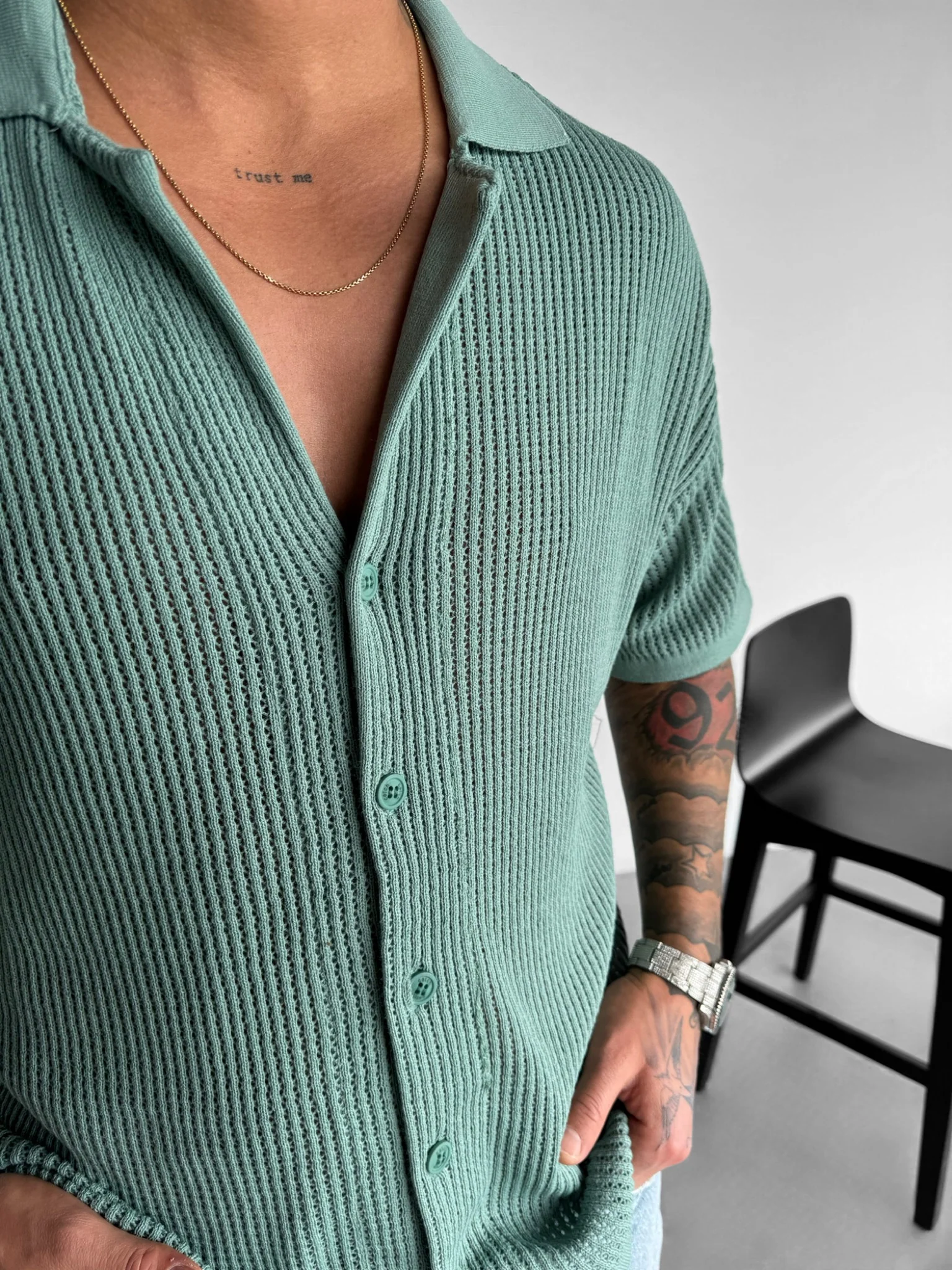Oversize Grid Knit T-shirt - Mint - Image 3