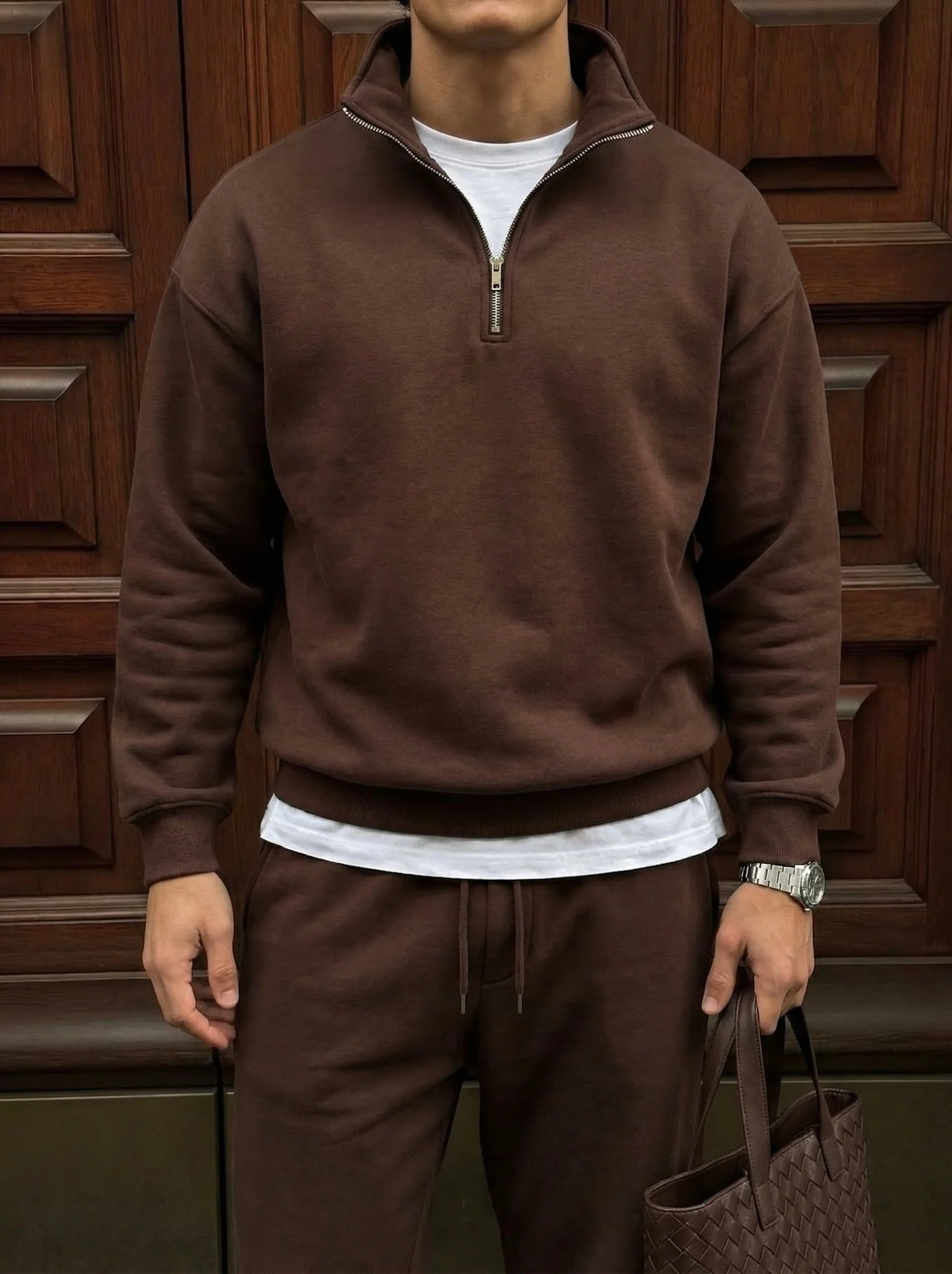 Oversize Half-Zip Polo Sweatshirt - Chocolate Brown - Image 2