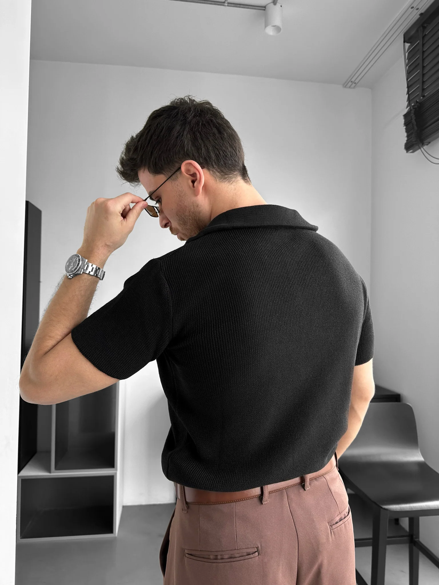 Oversize Zip Neck Knit T-shirt - Black - Image 3