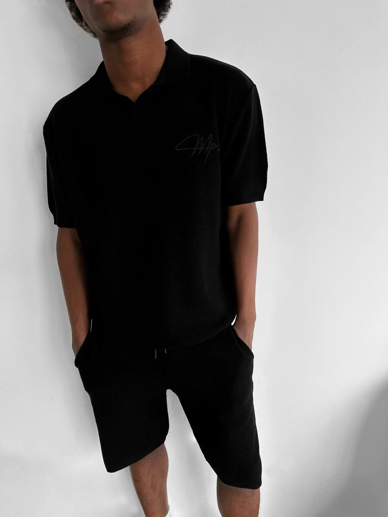 Oversize Initial Knit Polo T-Shirt - Black - Image 4