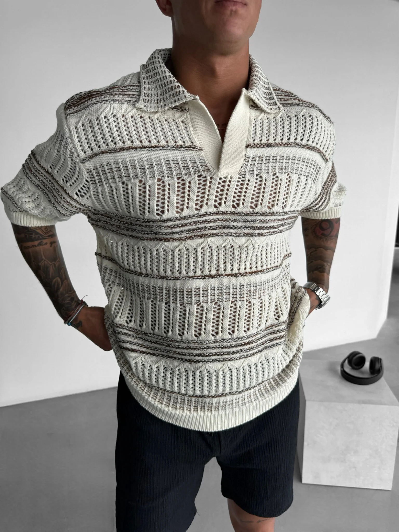 Oversize Knit Polo T-Shirt - Brown - Image 5