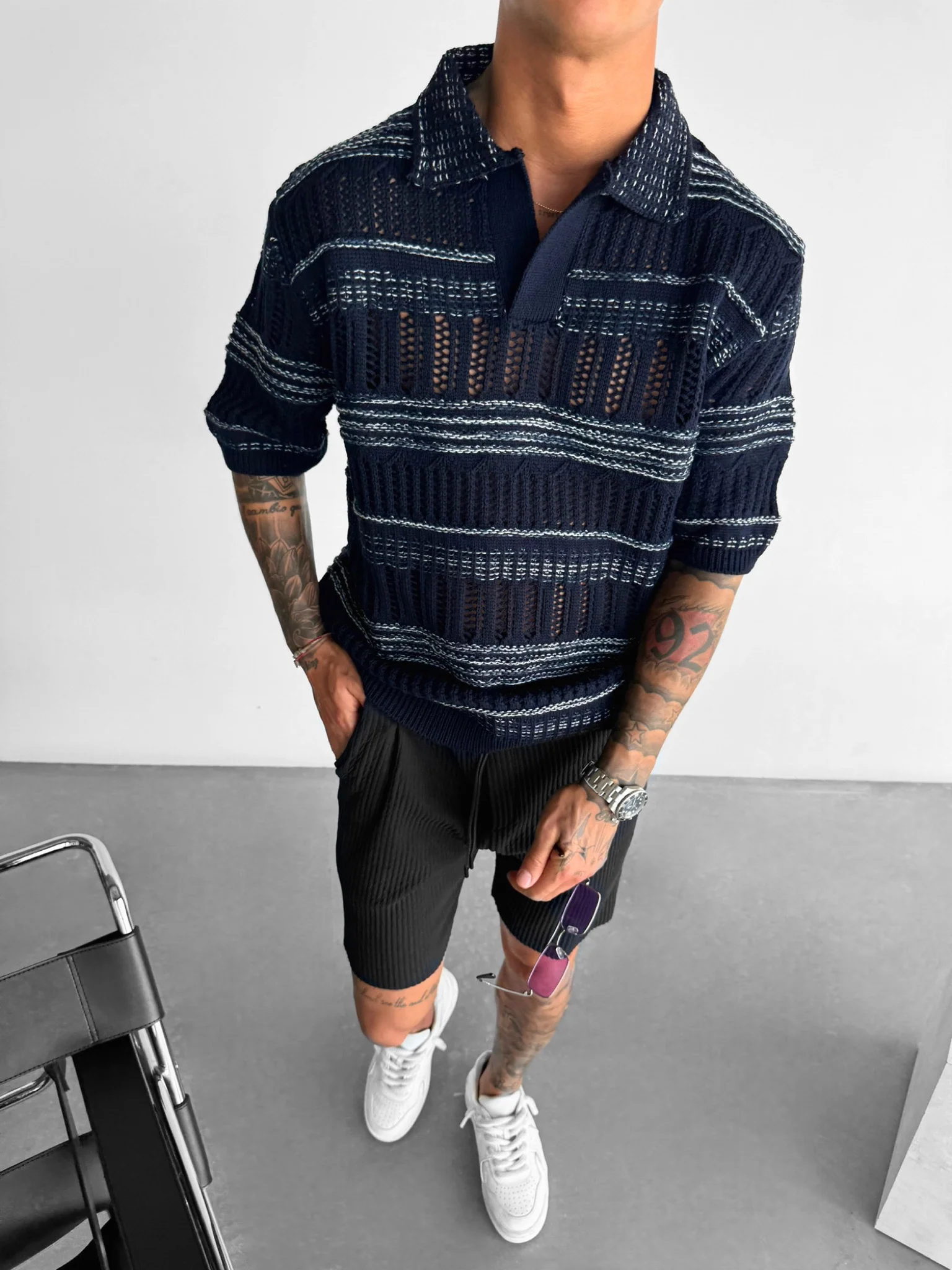 Oversize Knit Polo T-Shirt - Indigo - Image 2