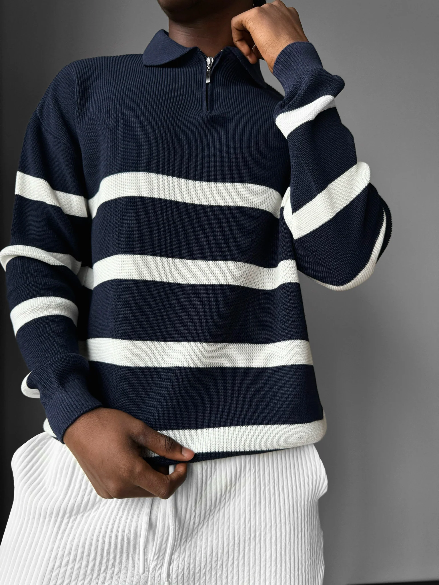 Oversize Knit Crop Polo Sweater - Dark Blue
