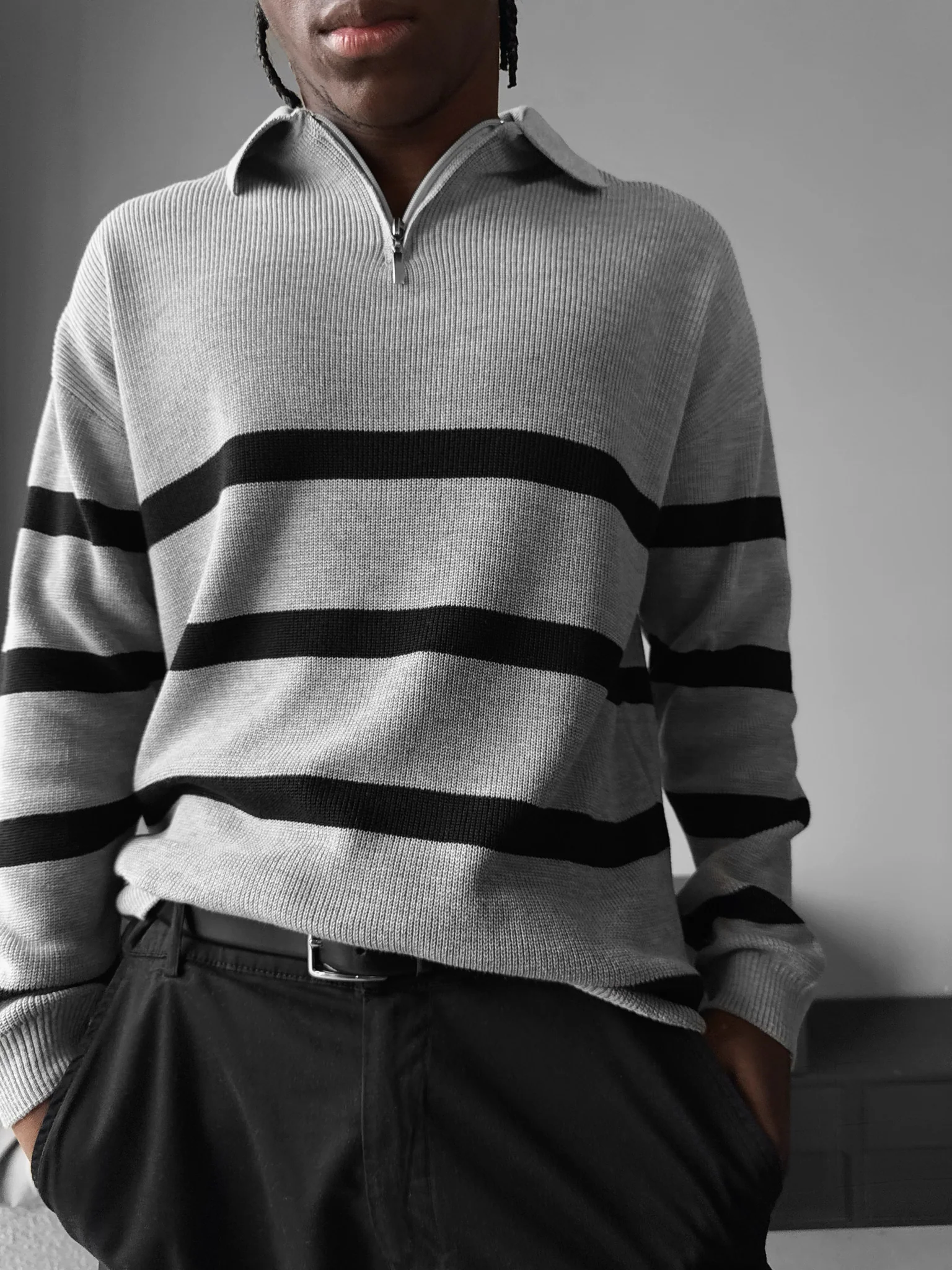 Oversize Knit Crop Polo Sweater - Grey - Image 2