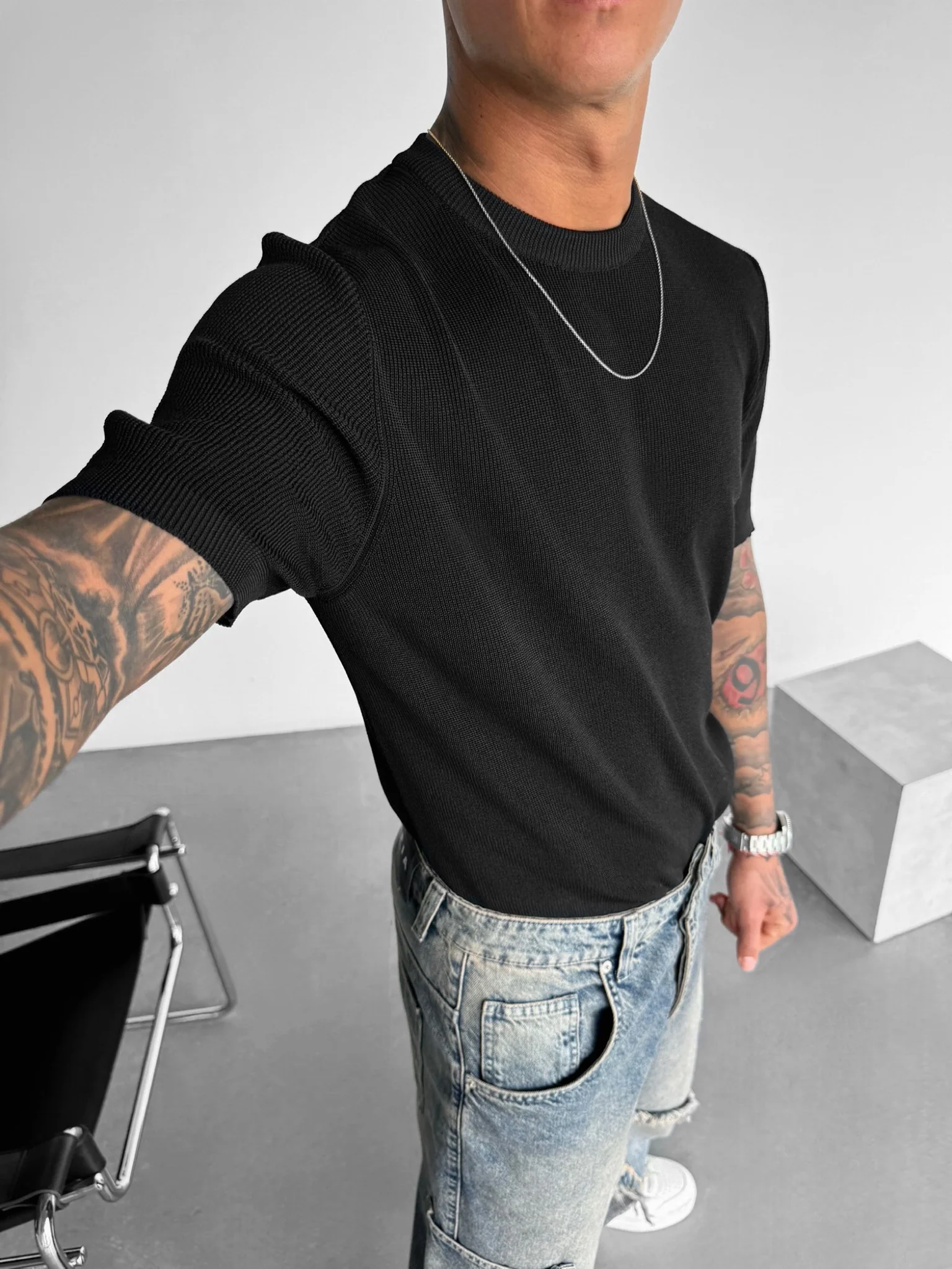 Oversize Knit T-Shirt - Black - Image 3