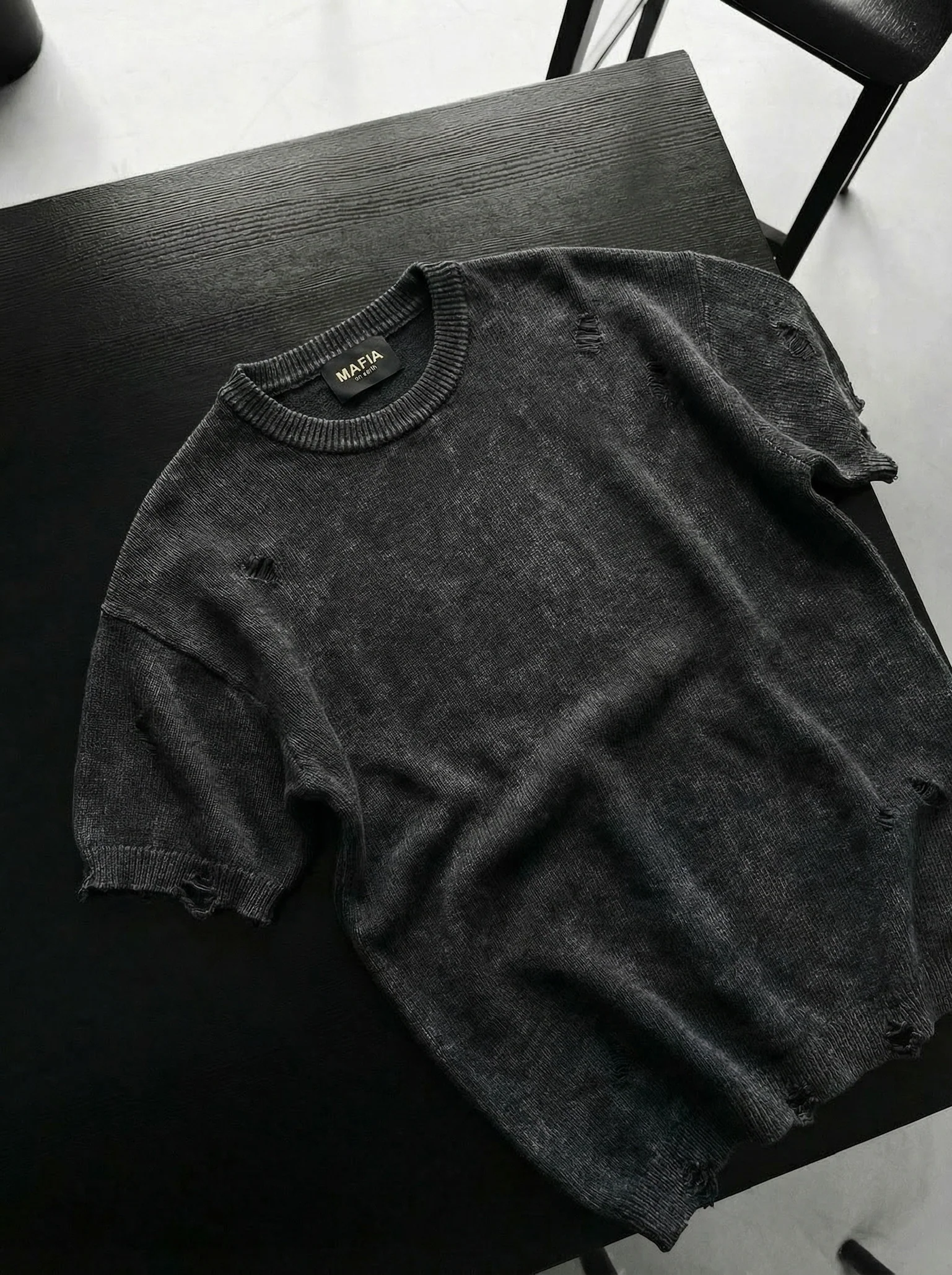 Oversize Knit Torn T-Shirt - Anthracite