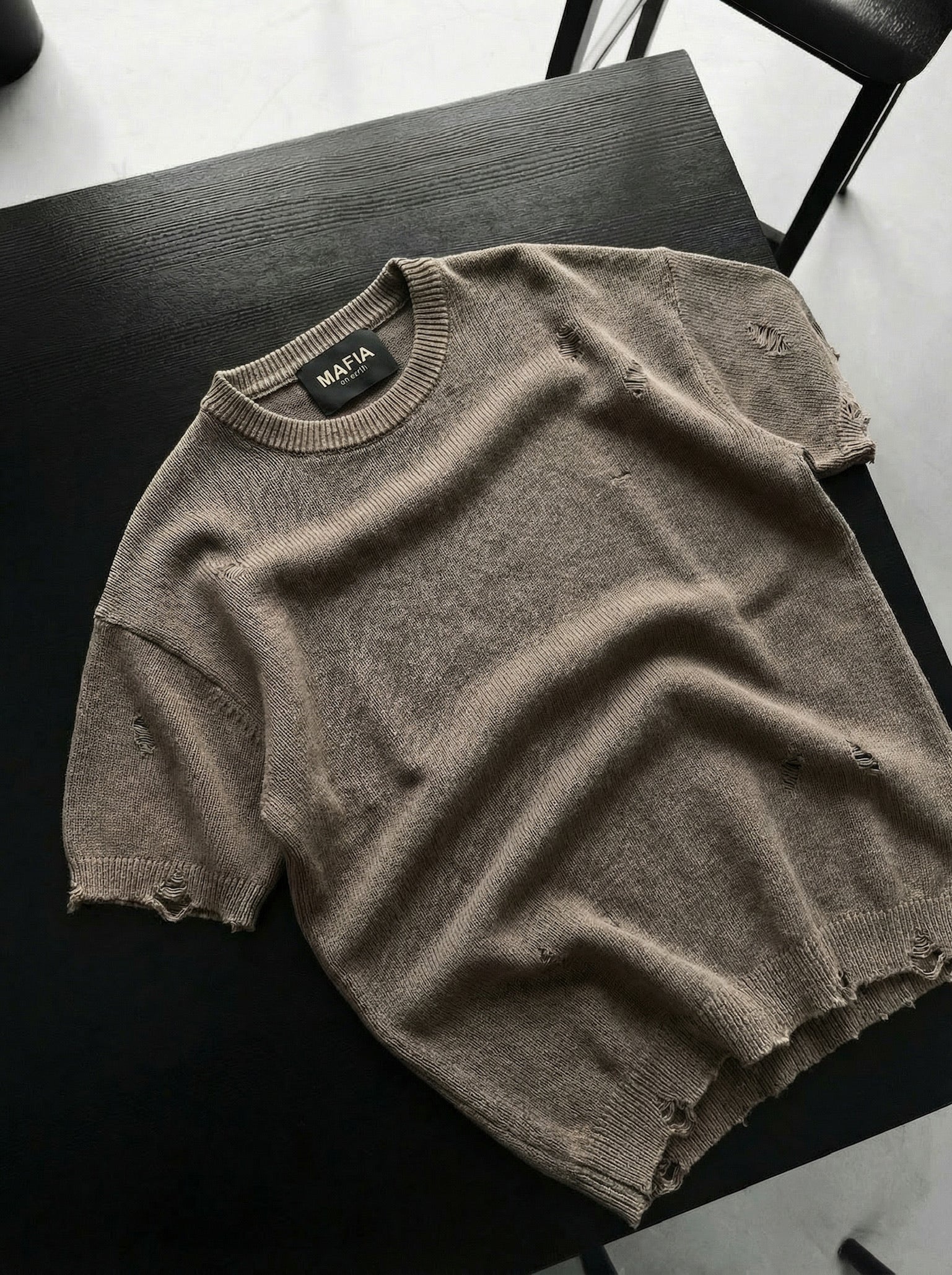 Oversize Knit Torn T-Shirt - Stone