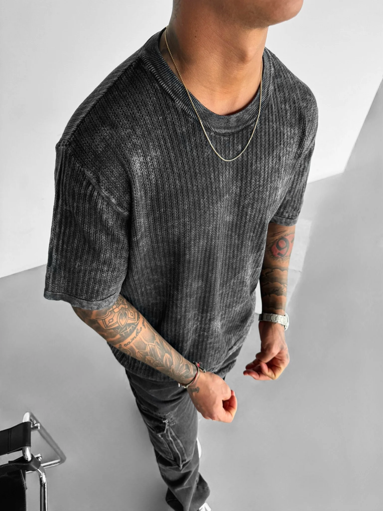 Oversize Knit Washed T-shirt - Black