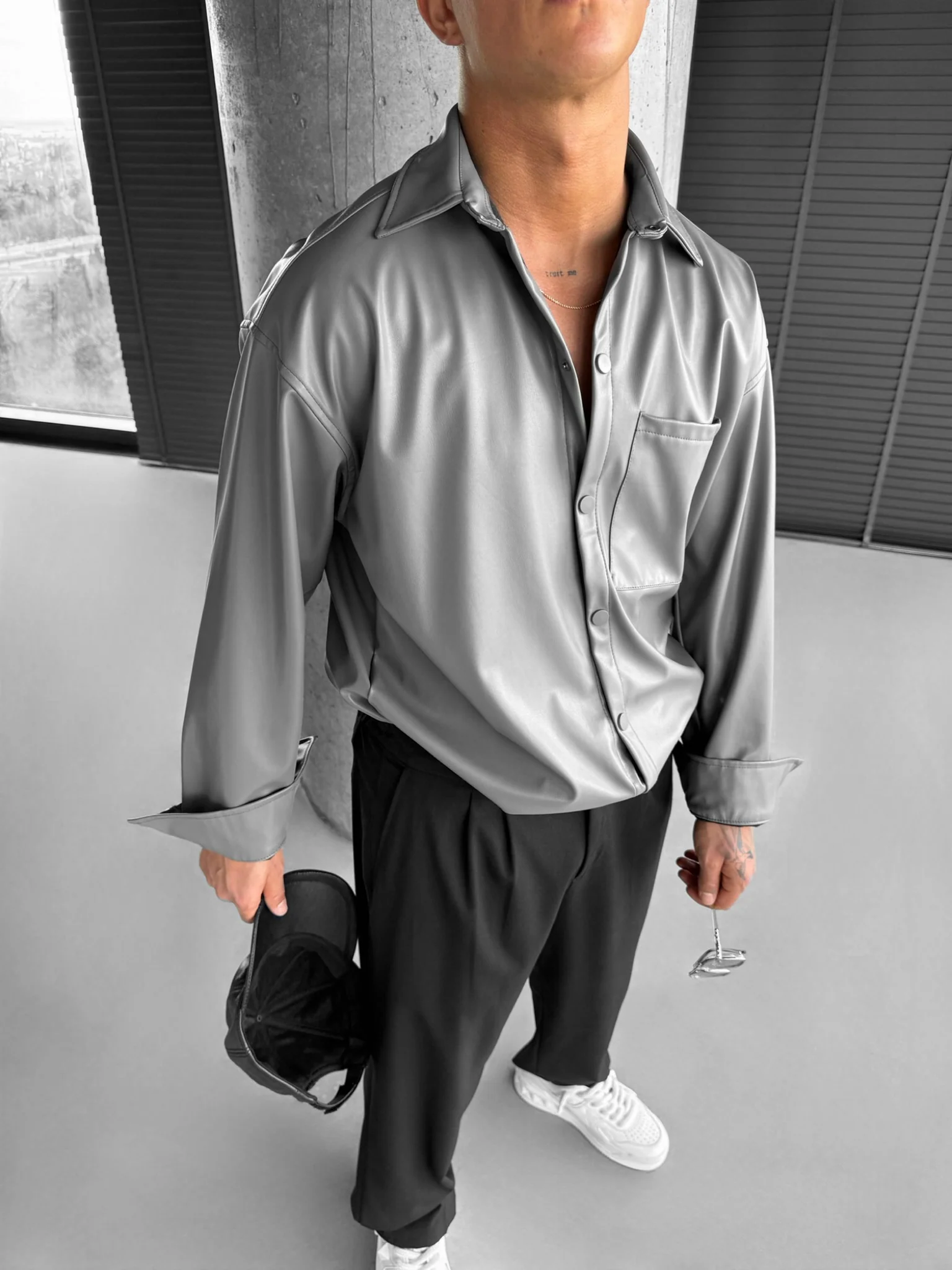 Oversize Leather Optik Shirt - Cool Grey - Image 2