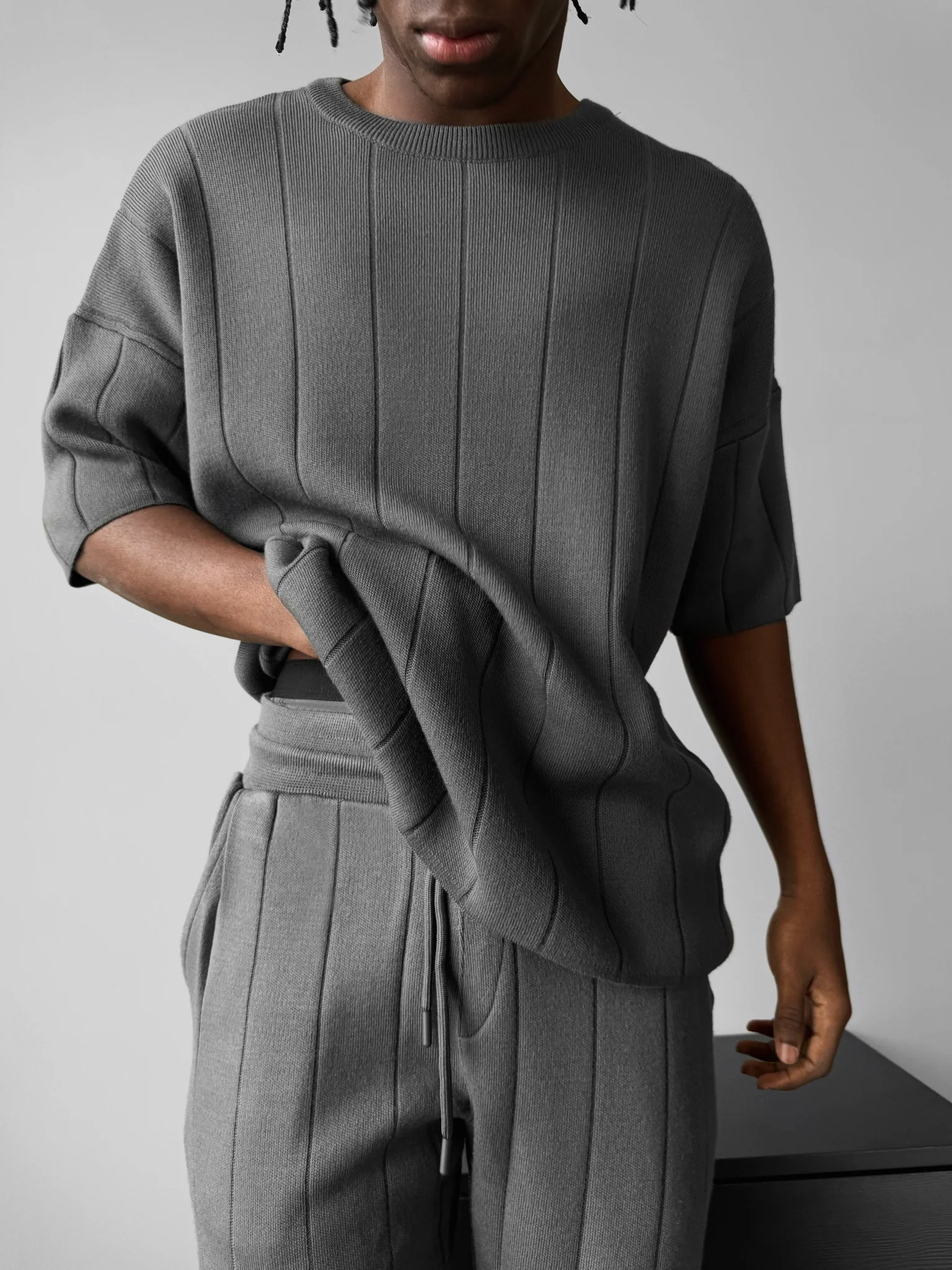 Oversize Line Knit T-Shirt - Anthracite