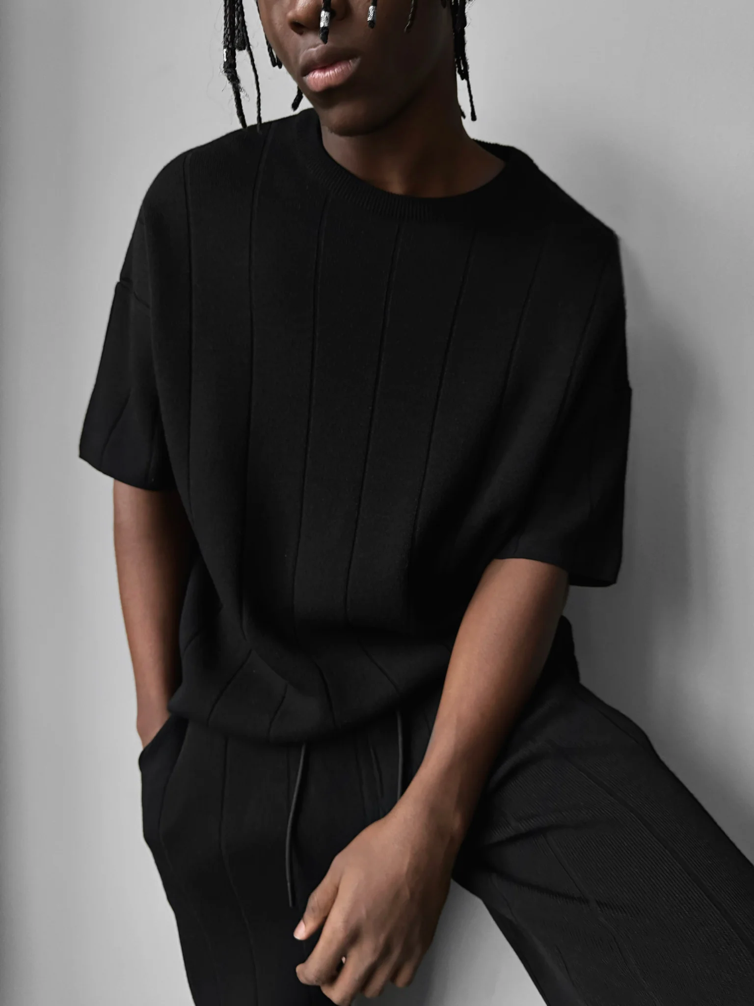 Oversize Line Knit T-Shirt - Black