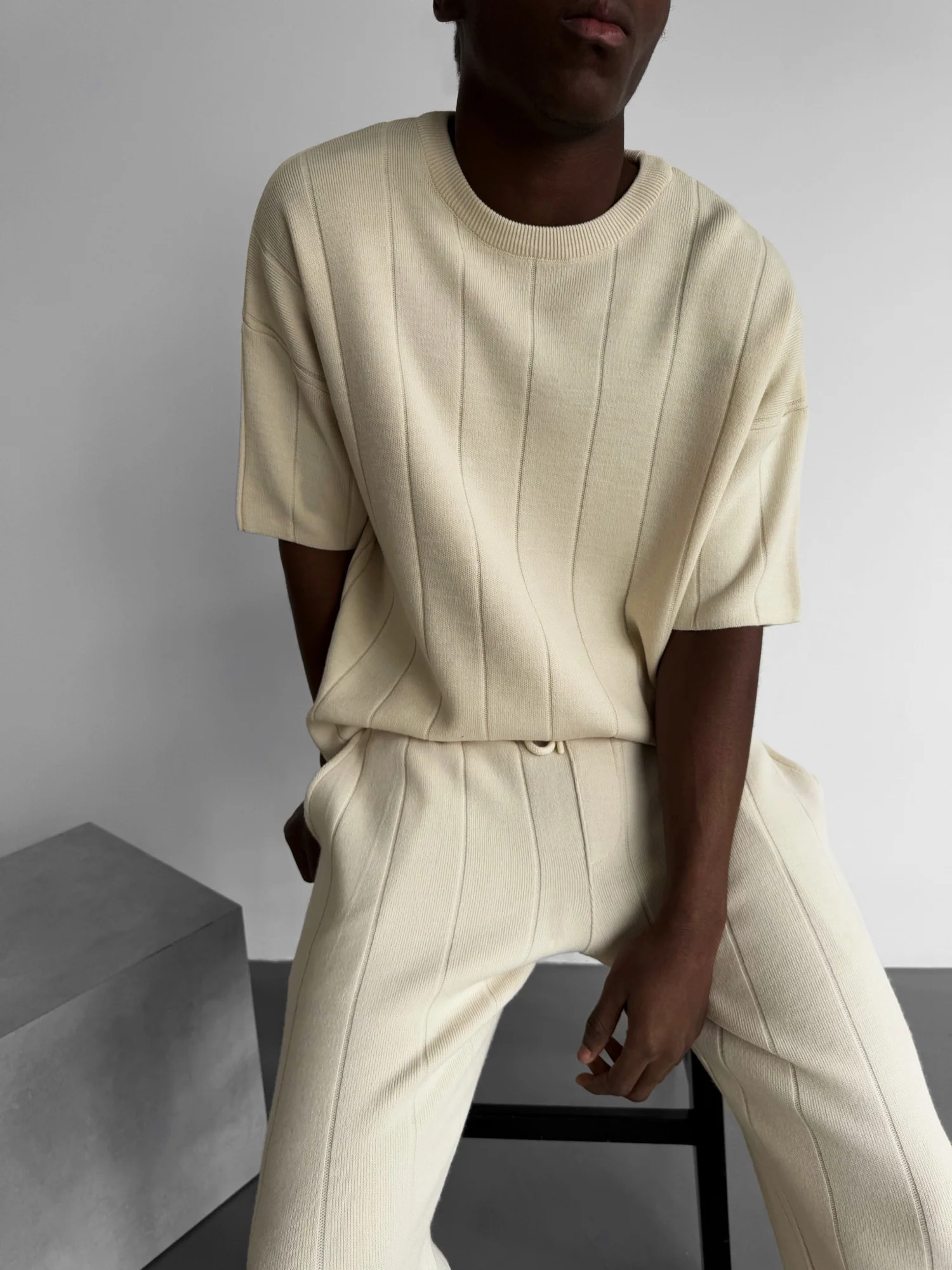 Oversize Line Knit T-Shirt - Cremé