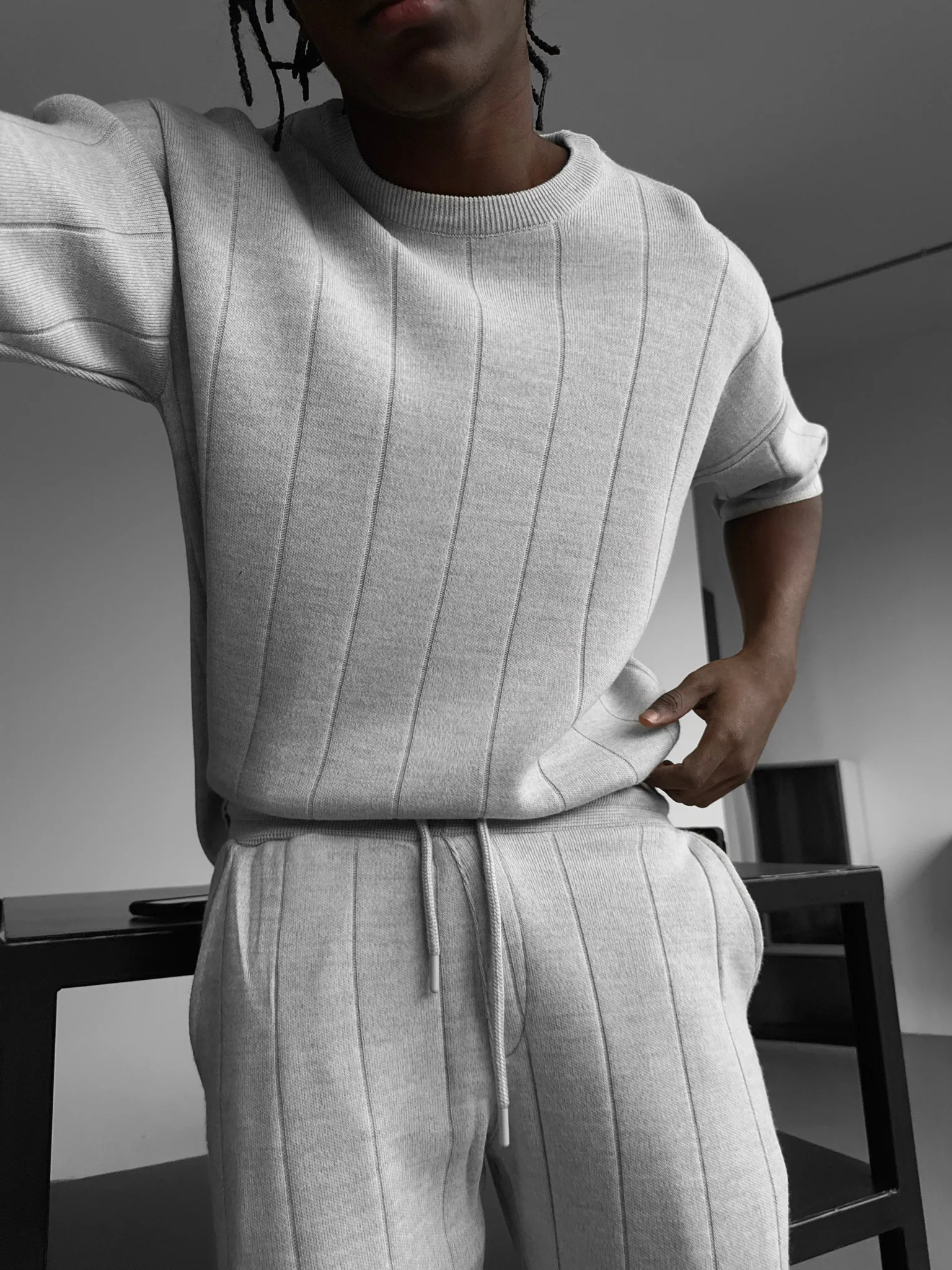 Oversize Line Knit T-Shirt -Light Grey - Image 2