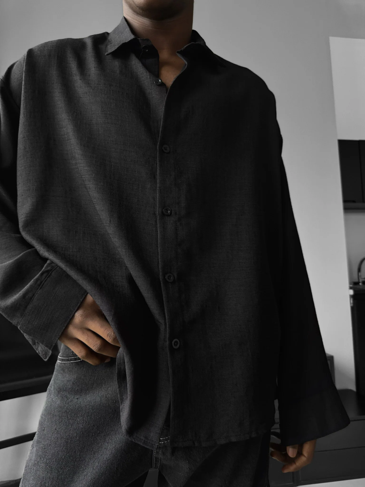 Oversize Linen Look Shirt - Black