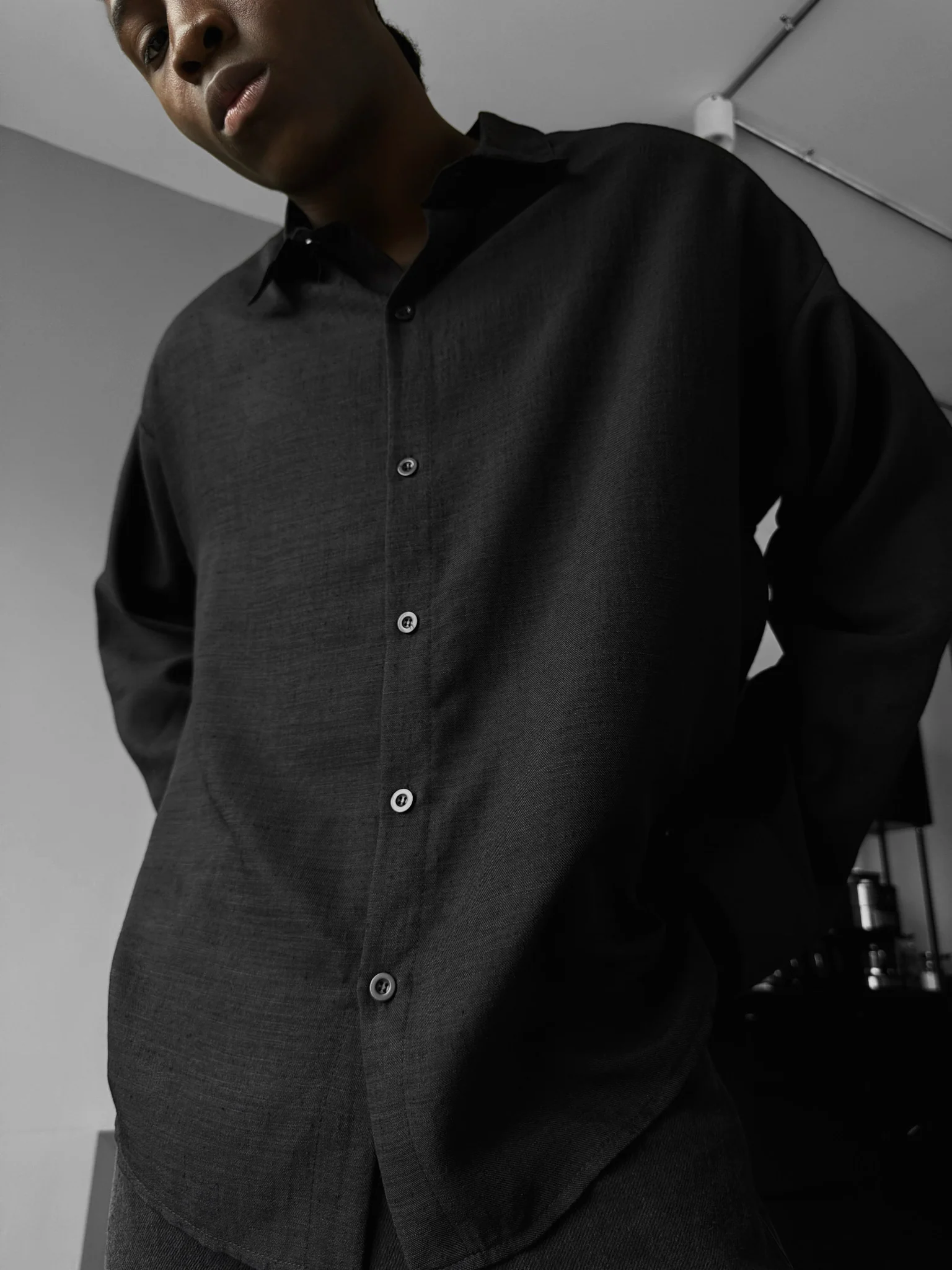 Oversize Linen Look Shirt - Black - Image 3
