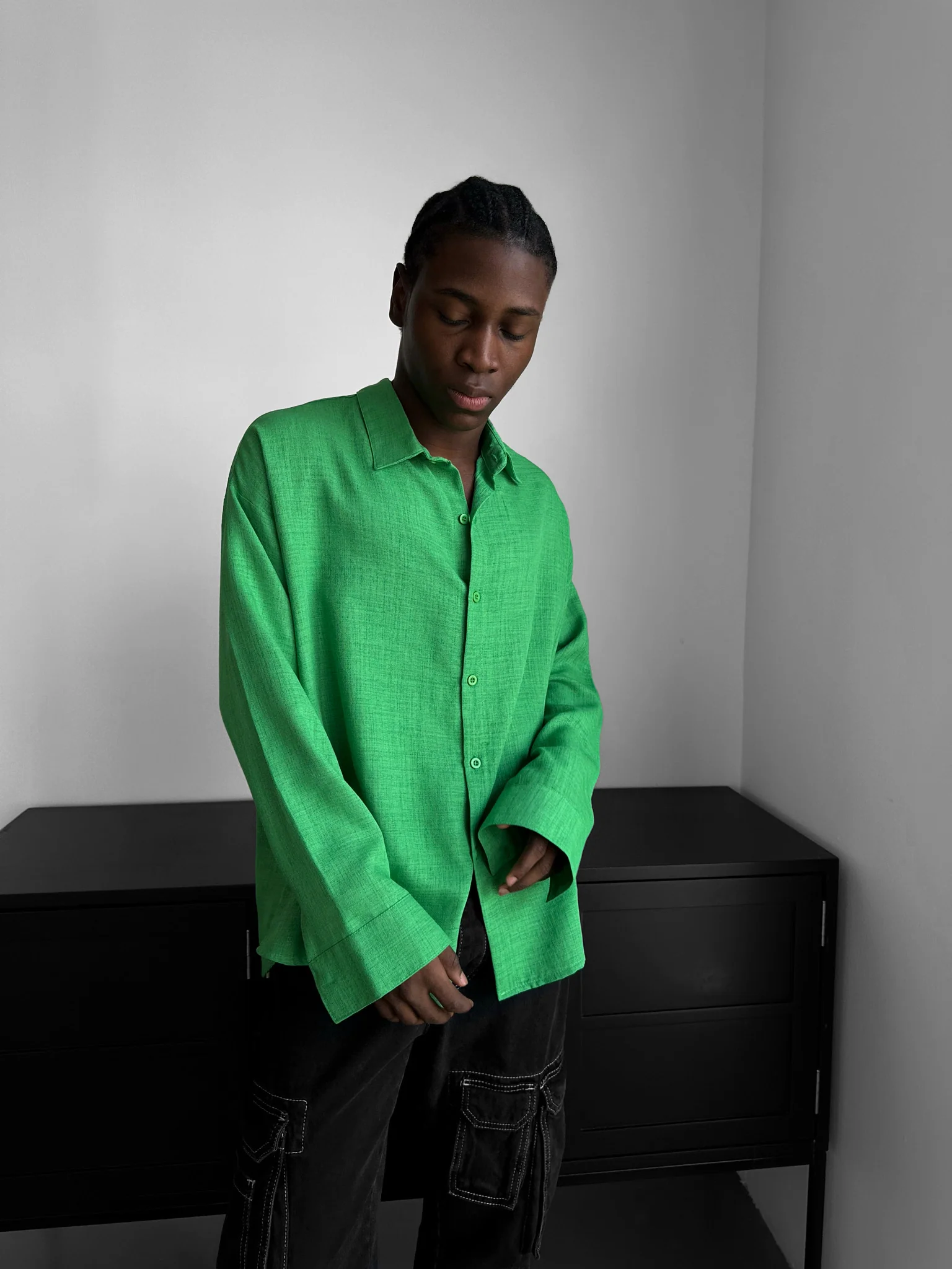 Oversize Linen Look Shirt - Green - Image 3