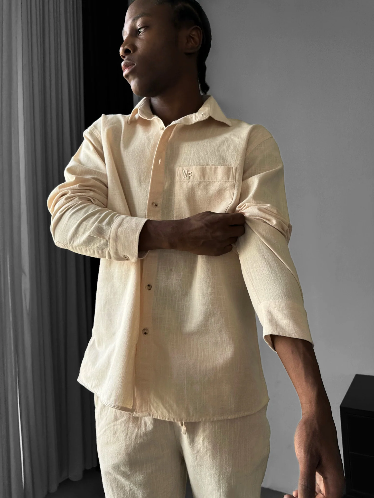 Oversize Linen Look Suit Shirt - Beige - Image 2